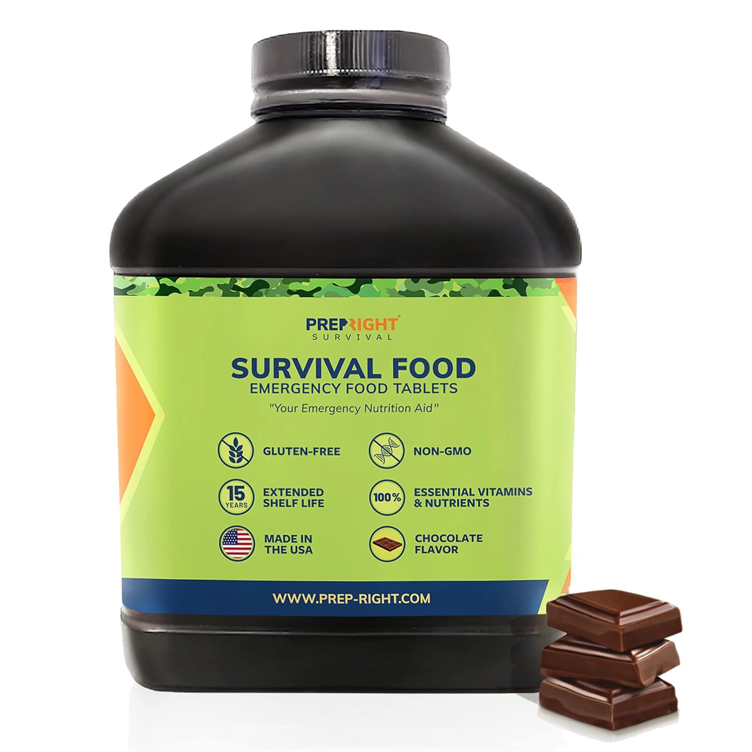 Prep-Right Survival - Survival Food Tabs, MRE for Camping, Hiking, and Prepper Supplies, Long Term Food Storage, Gluten Free and Non GMO, 15 Year Storage Shelf Life, 180 Count, Chocolate
