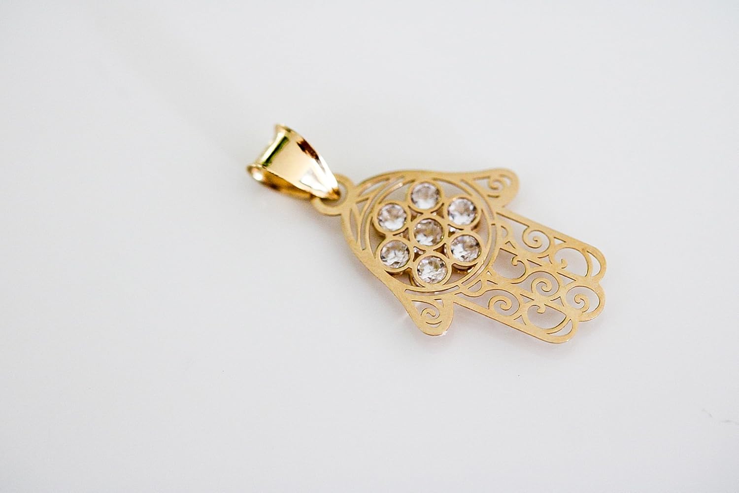 14k or 10k Solid Gold Hamsa Hand Pendant, Protective Charm with Cubic Zirconia Necklace, Yellow, Hand of Fatima, Miriam, Authenticity Stamp 14k, 585 - Image 2