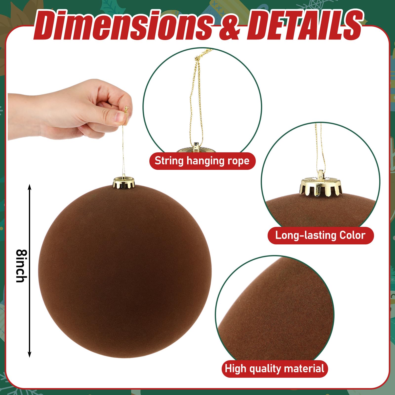 Hollowfly 4 esferas de terciopelo de 8 pulgadas, grandes esferas de adorno para árbol de Navidad, bolas de adorno para colgar en el árbol de Navidad (caqui)