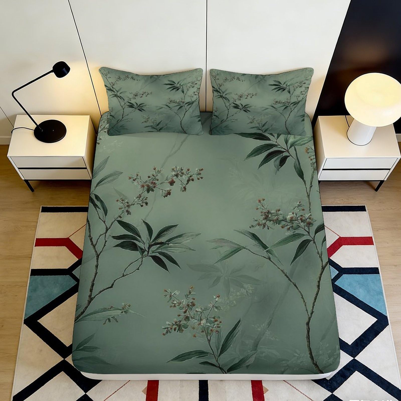 Jqzkxnhpbr Style-7 3D Printed Green Bamboo Fitted Sheet Microfiber Bedroom Decor Leaf Mattress Cover Slip Resistant Washable 90X200x25cm