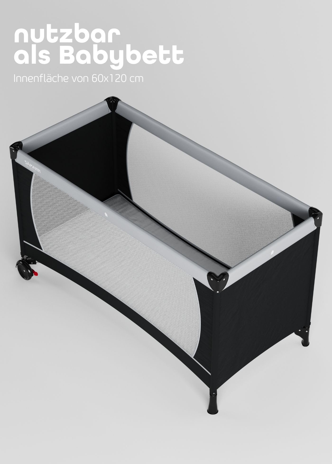 Reisebett 60x120 cm - fold & go - faltbares Babybett mit feststellbaren Rollen & Matratze Cloud Air | ab Geburt bis 15 kg | zusammenklappbar inkl. Tragetasche | leicht und kompakt | schwarz/grau