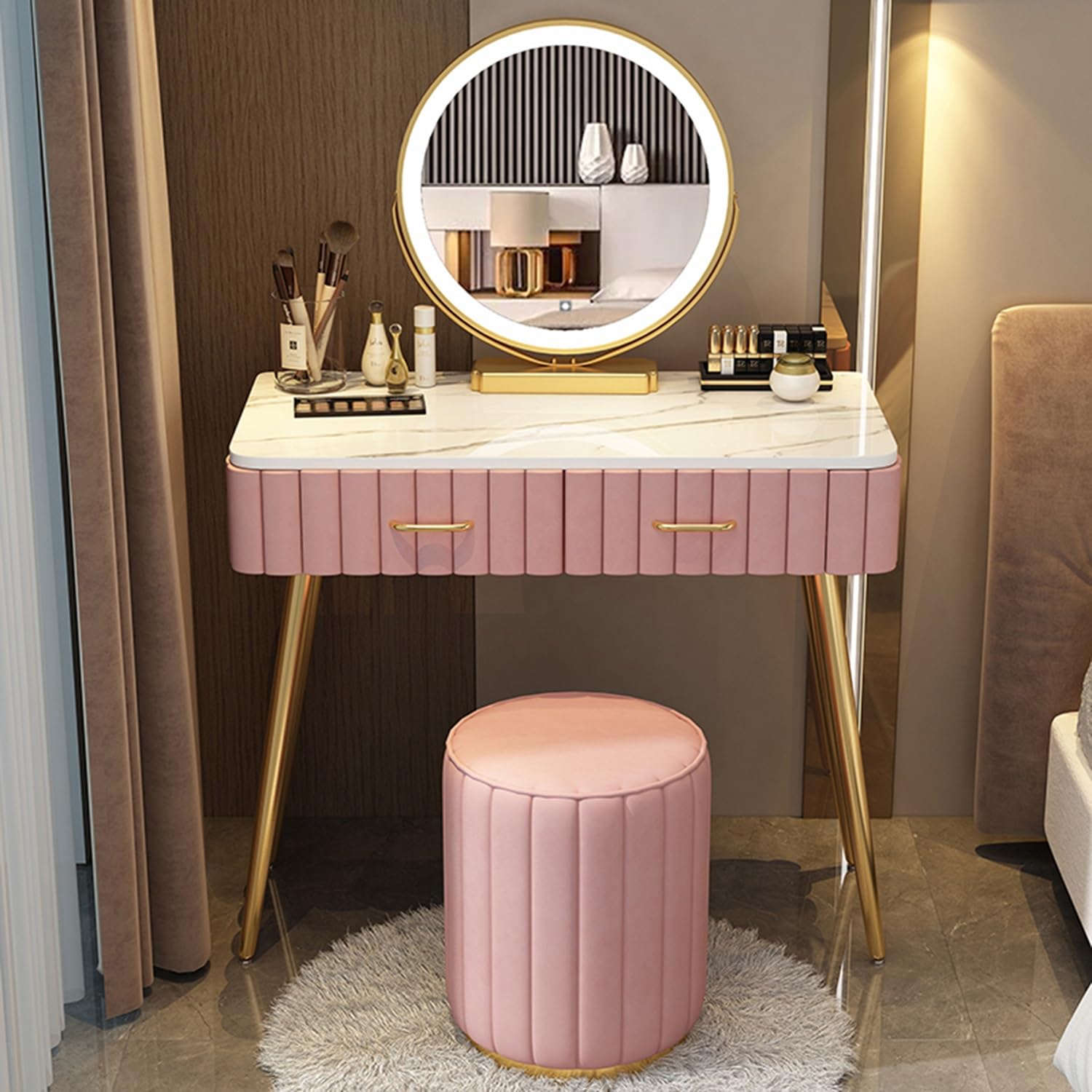 asdchZen Lighted Makeup Desk Set With Cushioned Stool & Side Cabinet 60Cm Vanity Table For Bedroom & Dressing Room-Perfect For Girls & Women