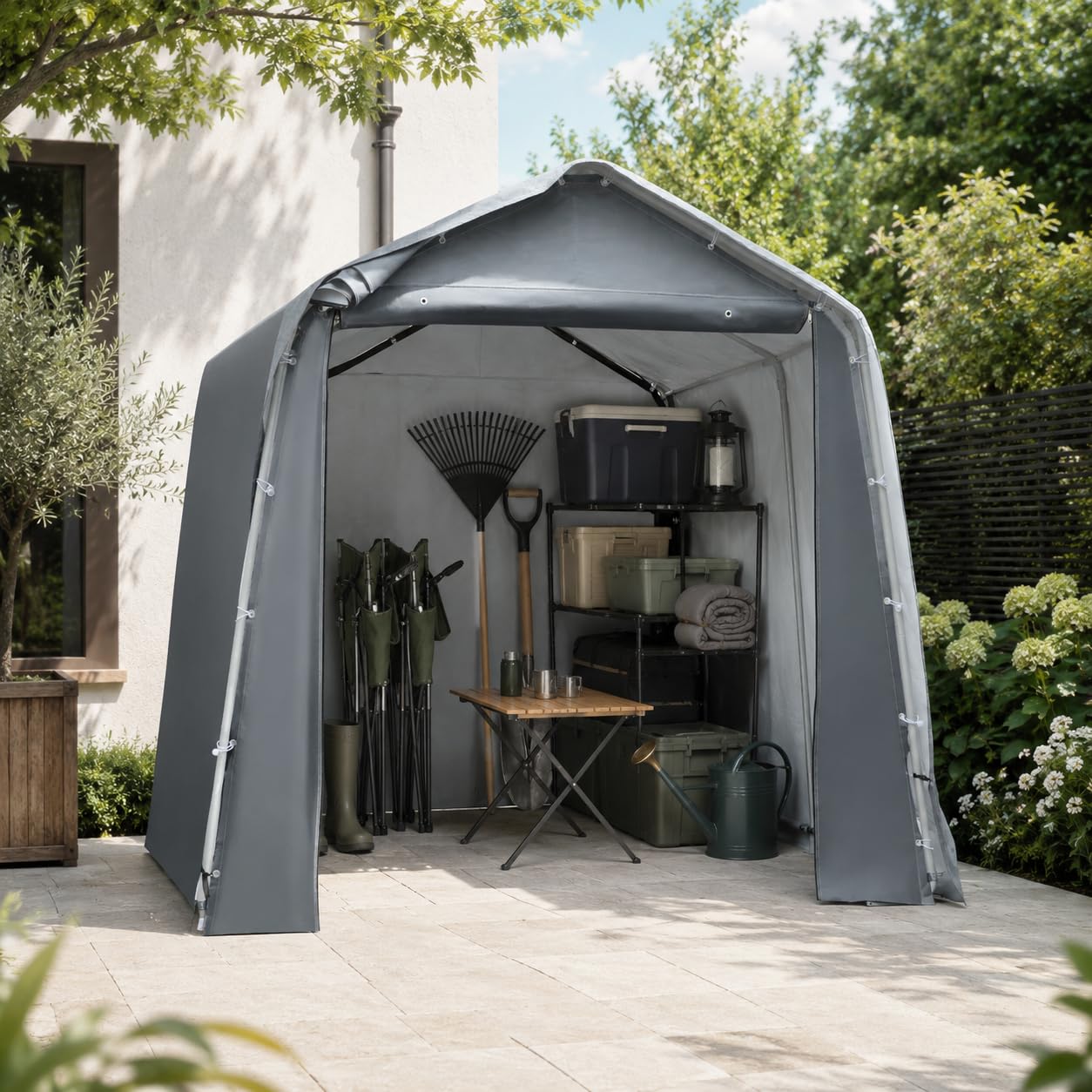 Cobertizo para herramientas, 240 x 240 x 240 cm, resistente al agua y protección UV, lona de polietileno con puerta con cremallera, tienda de almacenamiento para bicicletas, herramientas de jardín y