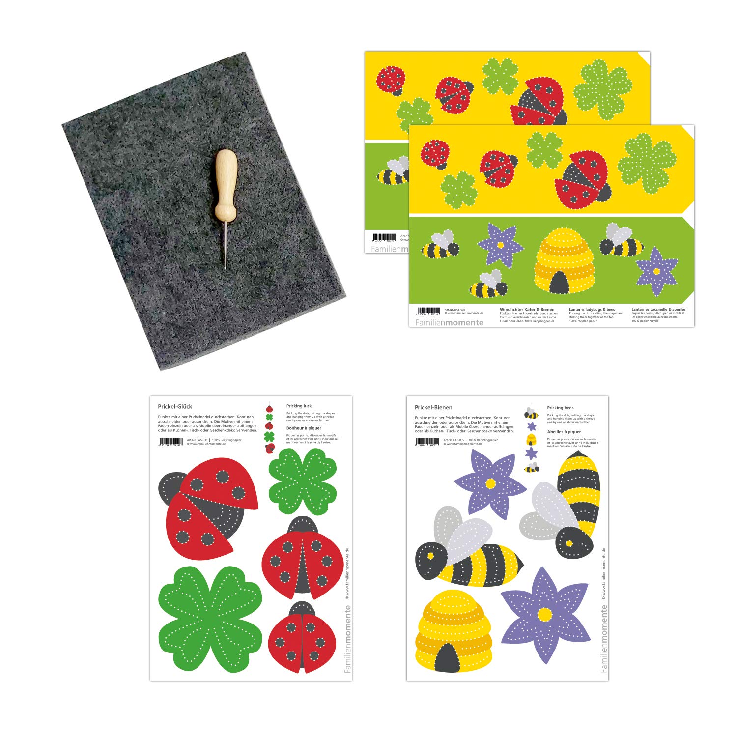 Familienmomente kit de piquage avec 4 cartes de poinçonnage DIN A5 abeilles et coccinelles (photophores et mobiles)