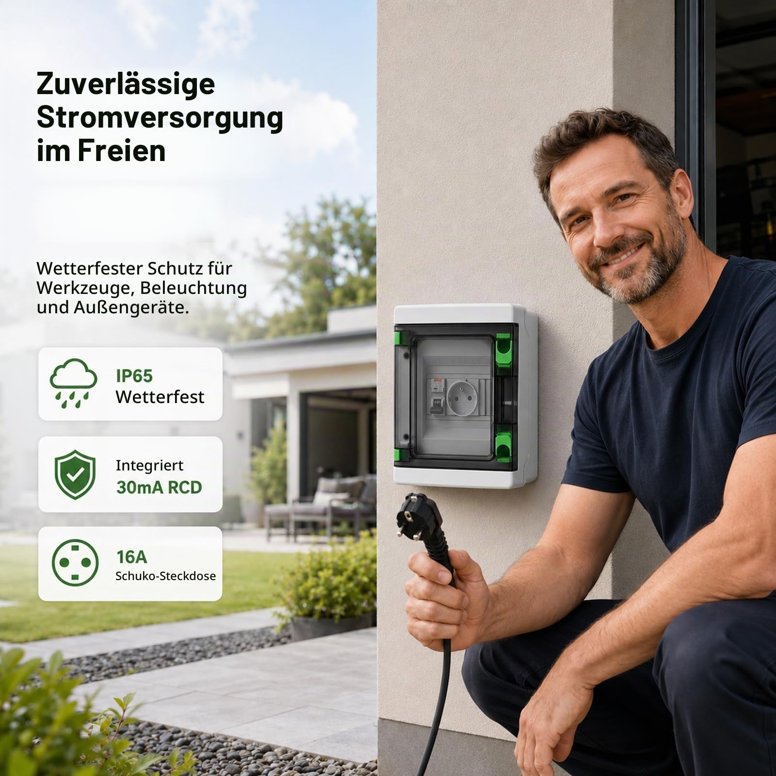 Schuko Steckdose mit Fi Schutzschalter im Sicherungskasten Aufputz IP65, Wasserfester Wandverteiler Komplett mit 16 Ampere Steckdose 230V und FI 16A Typ A 30mA für den Innen- und Außenbereich