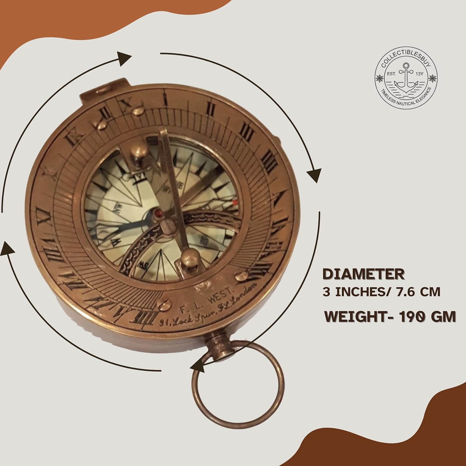 Vintage Navigational Compass Functional Tool Home & Table Decor Nautical Sundial Compass Round Brass Finish