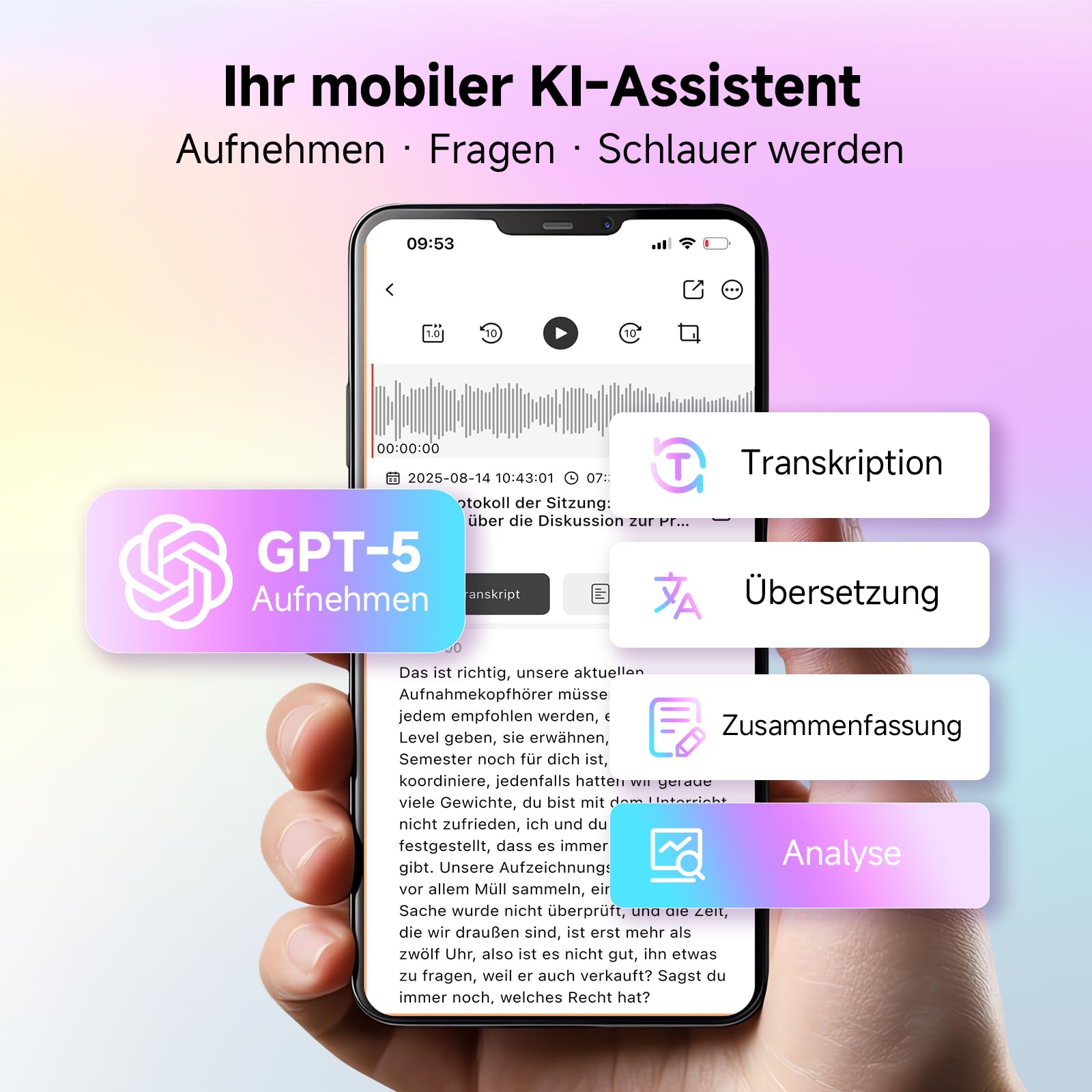 KI Digitales Diktiergerät 64GB, mit Transkribieren und Zusammenfassen | One-Touch-Aufnahme, 80+ Sprachen Übersetzung, Voice Recorder Für Meetings/Interviews/Klassen/Telefonate (mit schwarzer Hülle)
