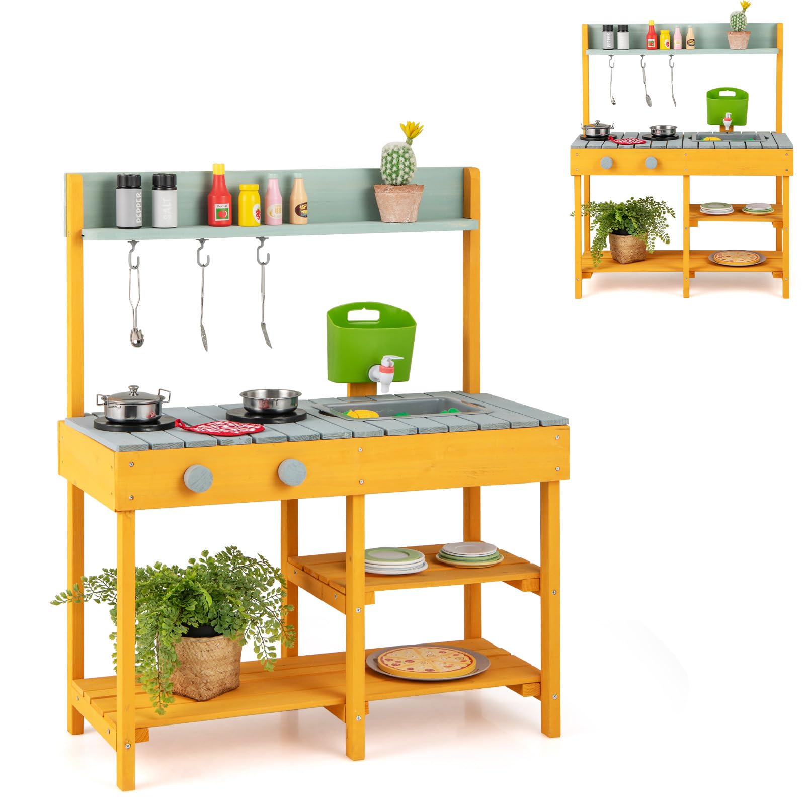 HOMASIS Matschküche Kinder Outdoor, Kinderküche mit Spüle Herd, Spielküche aus Holz, Spielzeugküche mit 3 Haken & Regalen, Holzküche Gartenküche für Kinder ab 3 Jahren (Orange, mit Wasserspender)