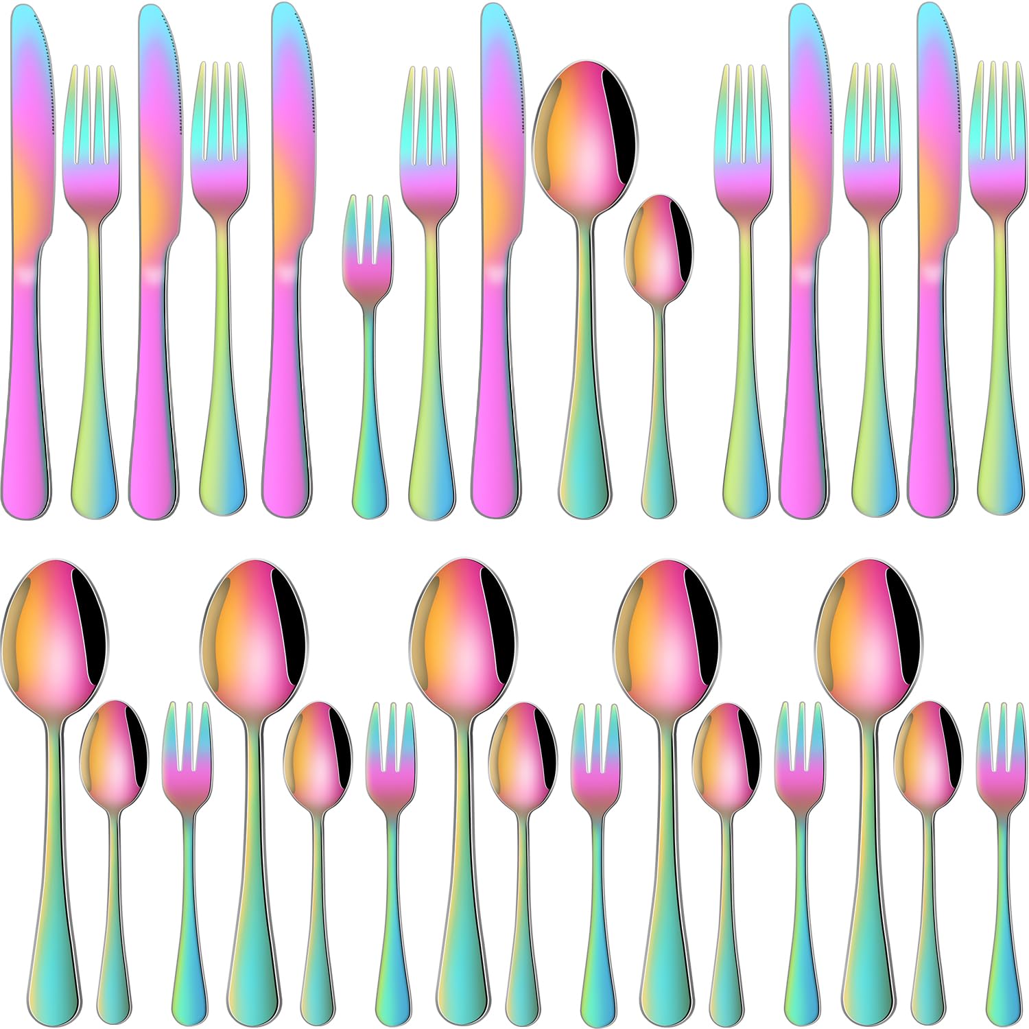 Rainbow Cutlery Set for 6 People, 30-Piece Stainless Steel Cutlery Set with Knives, Forks, Tablespoons, Teaspoons and Coffee Spoons, Mirror Polished, Rustproof, Dishwasher Safe