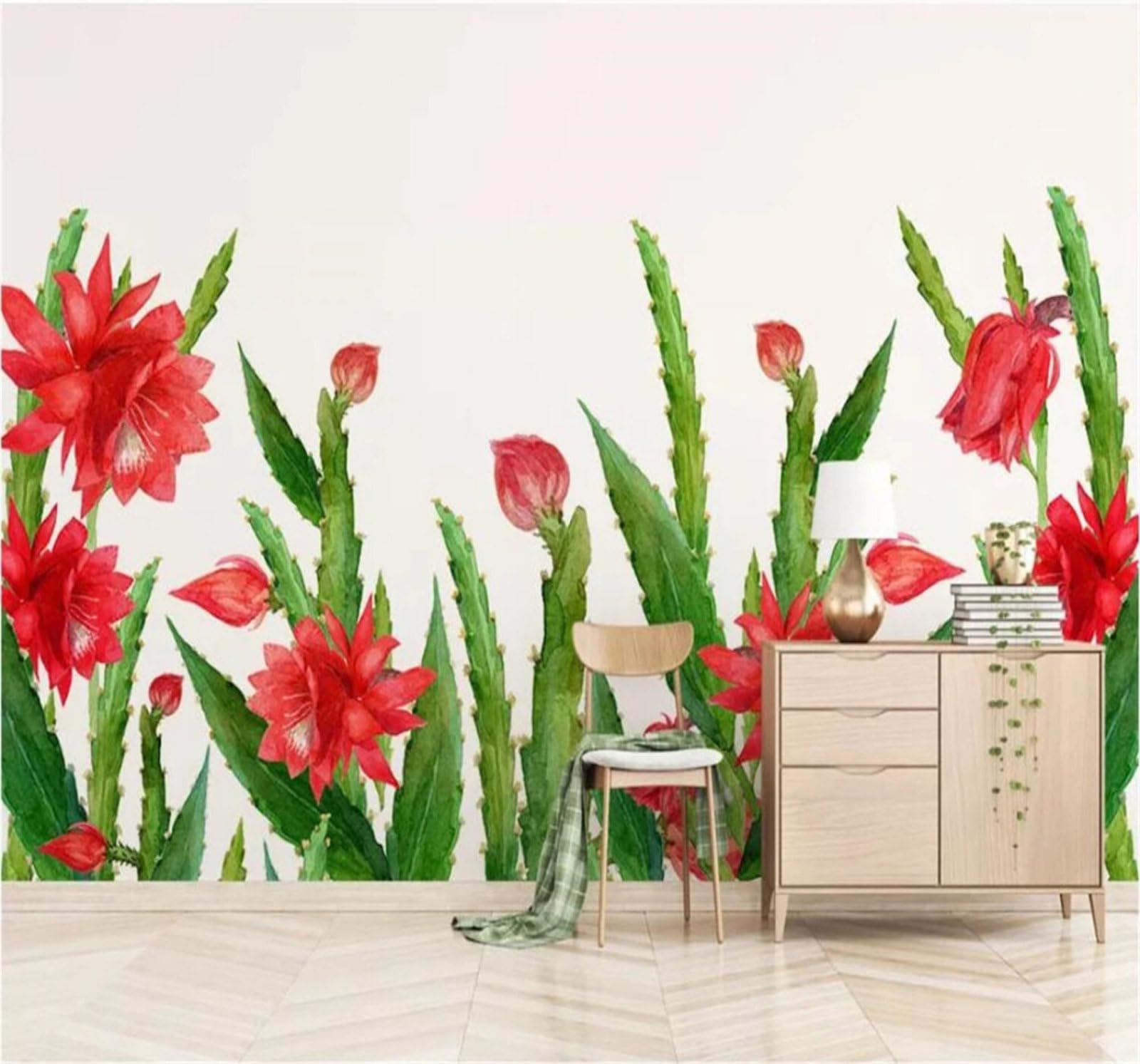 Xlming 400Cm×280Cm(B×H) Hand Drawn Beautiful Cactus Red Flowers 3D Wallpaper Luxury Home Dining Decor Paste Sofa Living Room The Wall For Bedroom Mural-400Cm×280Cm