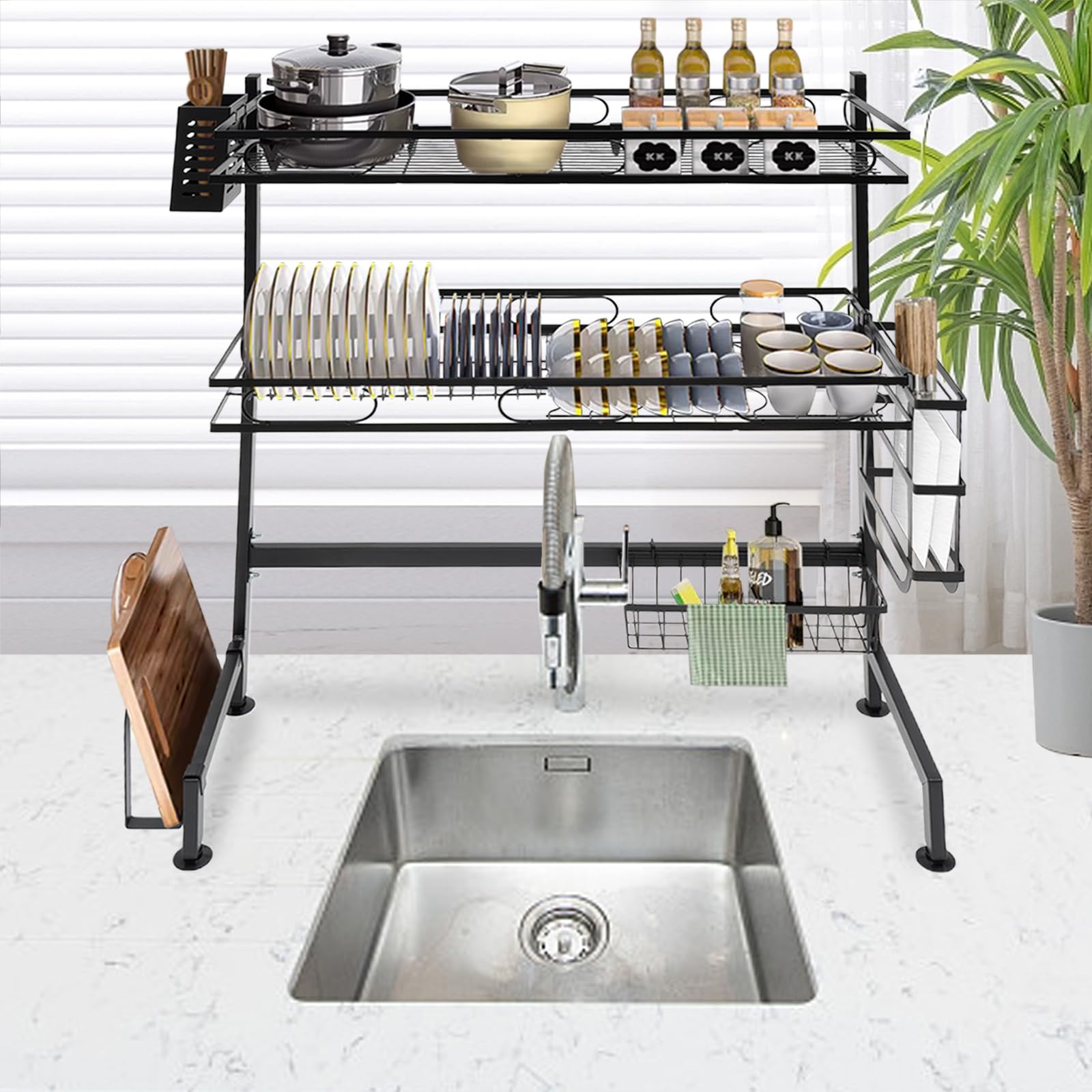 Geschirr Abtropfgestell Über Spüle Rostfreie Geschirr Abtropfgitter Abtropfschale Küchen Organizer mit Utensilienhalter Schneidebretthalter Messerblock Schwarz (62 cm)