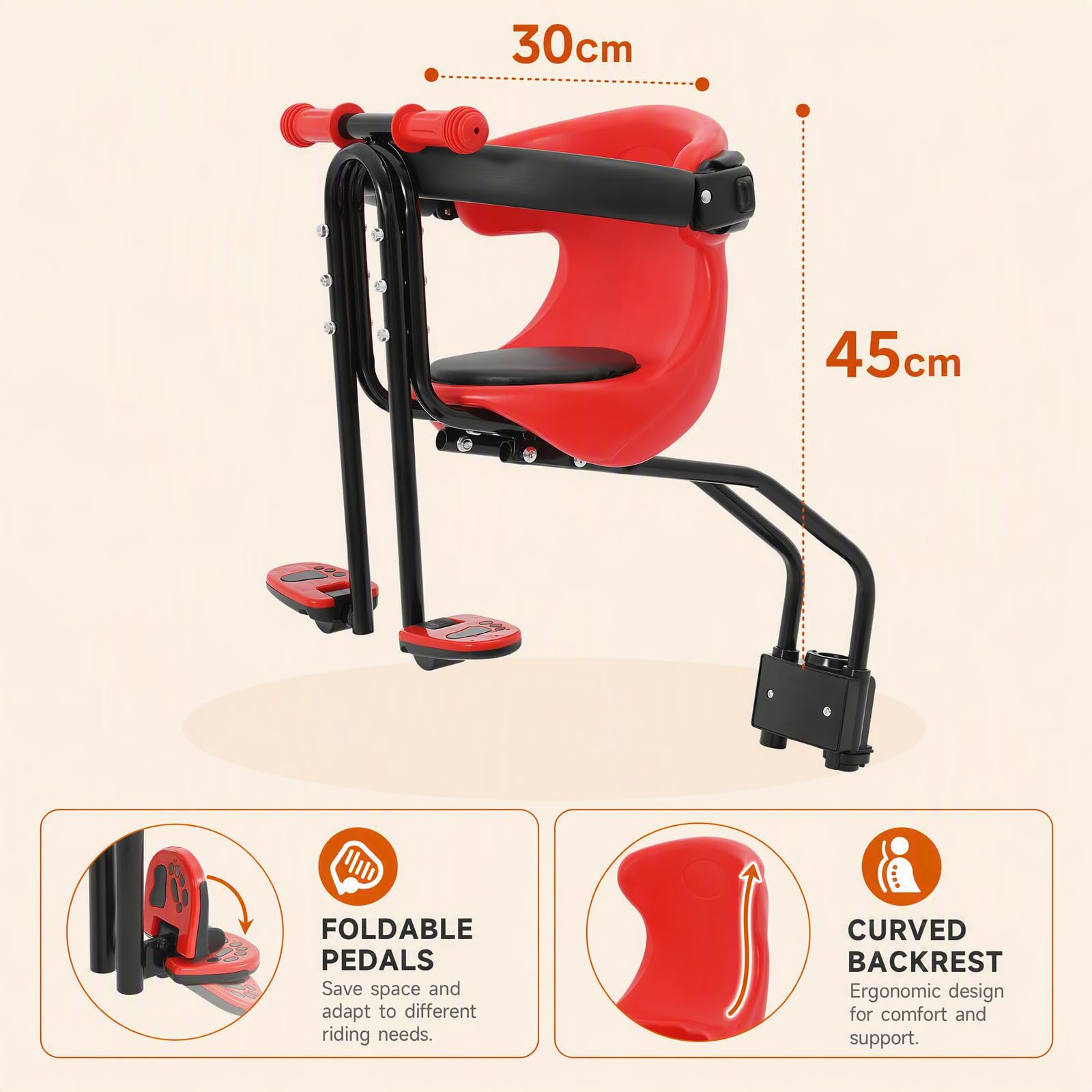 Seggiolino anteriore per bicicletta MTB, poggiapiedi rimovibile, schienale | Seggiolino per MTB anteriore rimovibile, portata 50 kg, poggiapiedi e schienale, per 8M-4J, facile da montare.