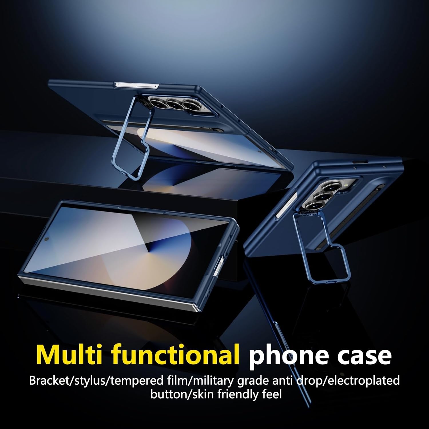 Smartphone Flip Cover Camera Stand Compatible with Samsung Galaxy Z Fold 7 Case with Built-in New Compact S Pen Slot, Case with Screen Protector Folding Series Protective Cover W/Regular Stylus(Blue)