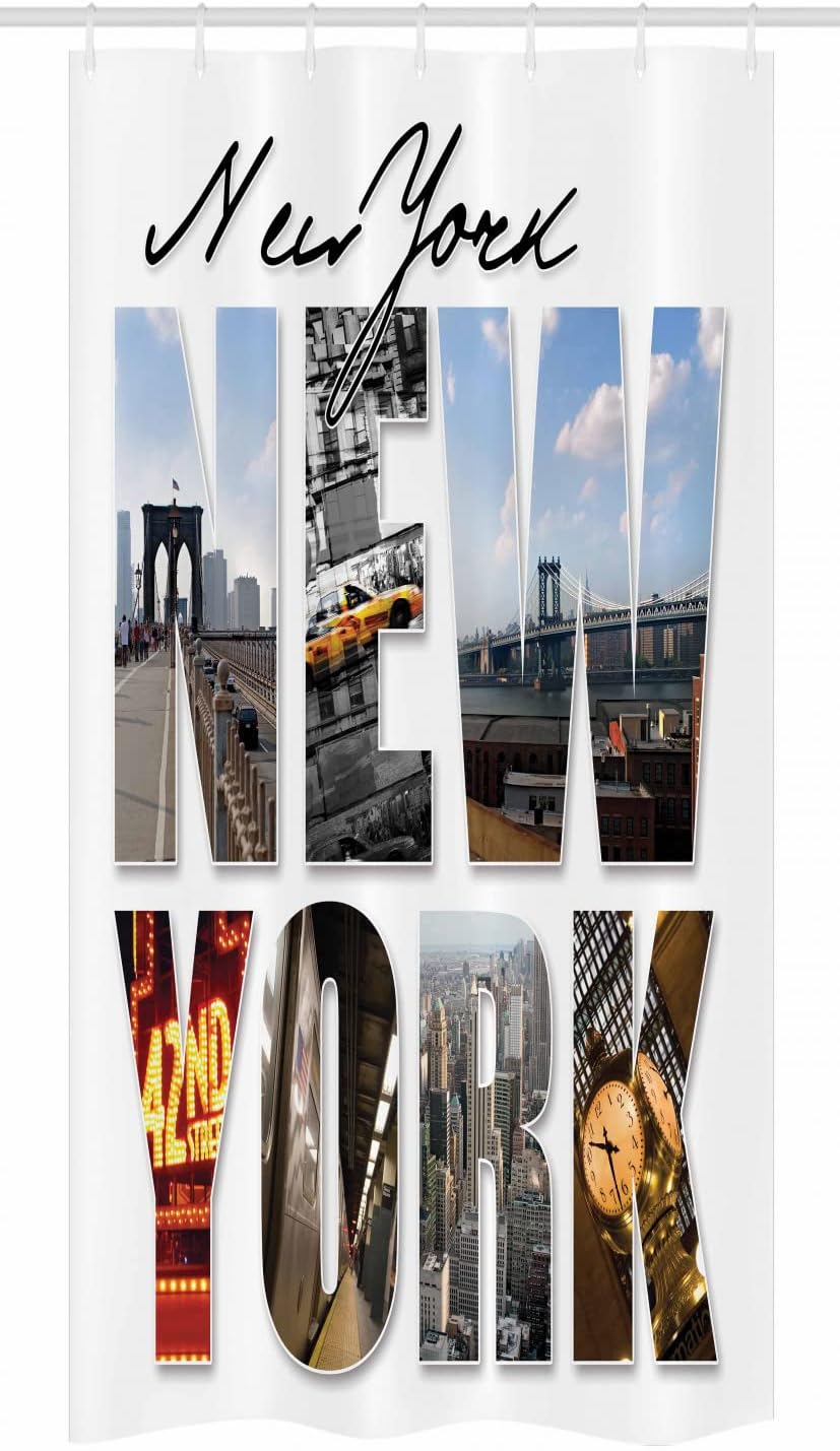 Ambesonne New York Stall Shower Curtain, NYC Collage Featuring Different Areas of The Big Apple Manhattan American Urban, Fabric Bathroom Decor Set with Hooks, 36" W x 72" L, White Black Multicolor