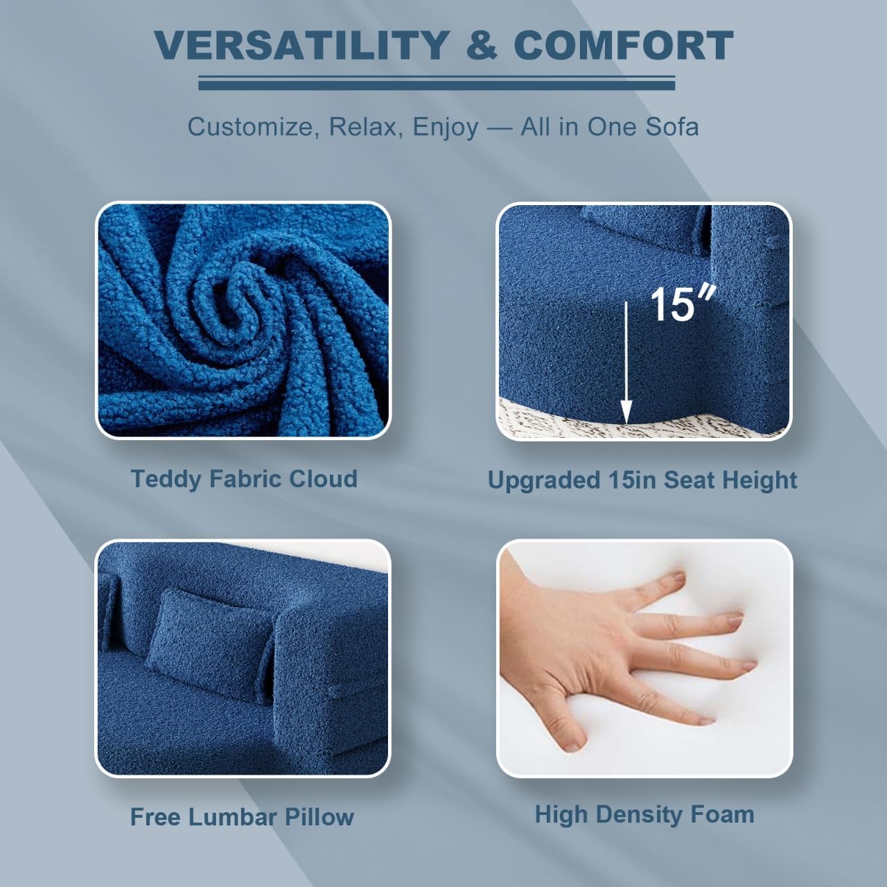 78" Folding Sofa Bed, 2 in 1 Convertible Fold Out Floor Couch, Comfy Teddy Futon Loveseat Sofa Couches with 2 Pillows, Modern Full Foam Mattress Sleeper Sofas for Living Room, Apartment, Blue