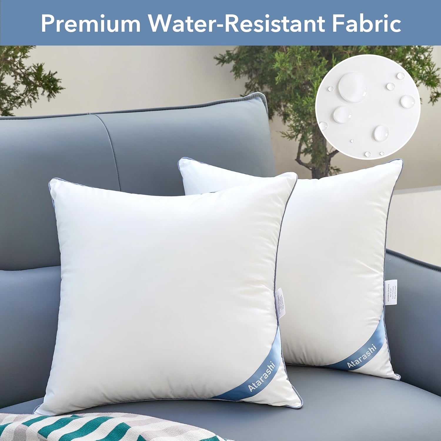 Atarashi 18 x 18 Outdoor Pillow Inserts (Pack of 2)- Waterproof Firm and Fluffy Square Throw Pillows - Decorative Pillow Forms for Couch Sofa Bed Patio Furniture - White - Image 2