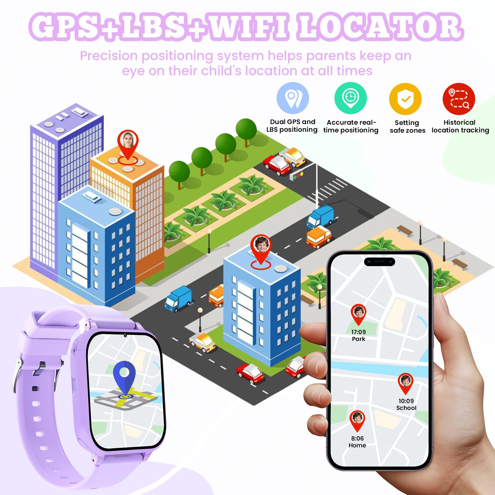 4G Smartwatch Bambini, Kids Smart Watch Intelligente con GPS, SOS, WIFI, Chat Vocale, Videochiamata, Modo Classe, Giochi Sveglia Contapassi Ragazzi Ragazze Orologio Regalo 4 ai 12 anni, Viola