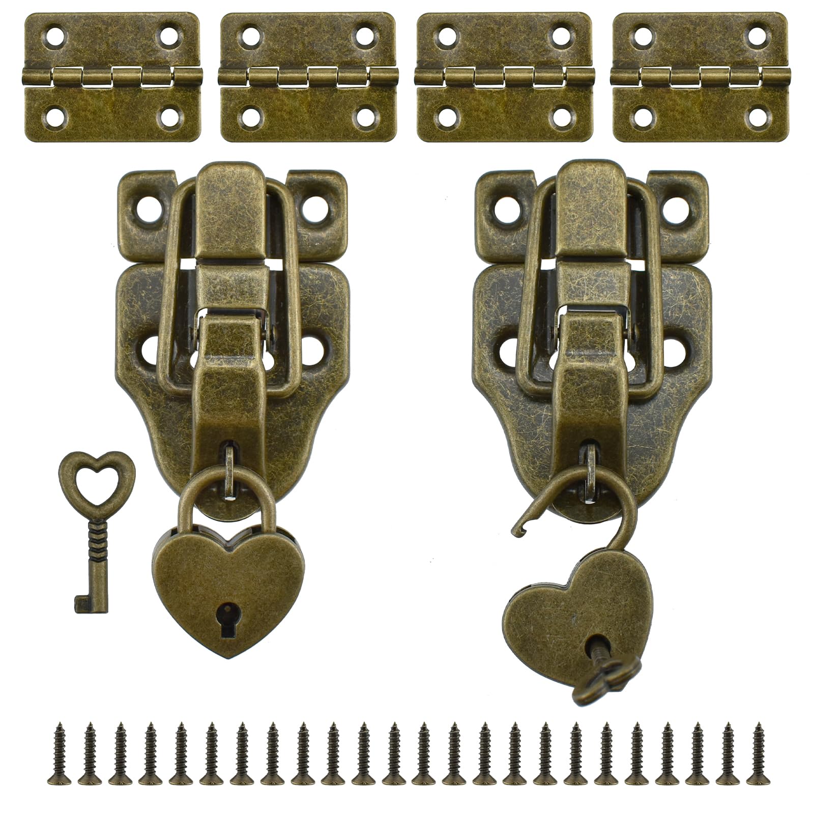 Aifeier ET 2 Sets Retro Style Duckbilled Toggle Hasp Latch Heart-Shaped Padlock and Antique Folding Flush Hinge Kit with Mounting Screws for Jewelry Box Crate Furniture Decoration-Bronze