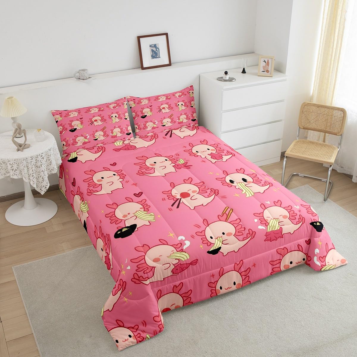 Loussiesd Lustige Axolotl Bettdecke 135x200cm Nette Axolotl Fisch Geschenke für Kinder Jungen Mädchen Steppbett Ultra weiche Axolotl gezogen Nudeln Muster 4-Jahreszeiten Bettdecke Steppdecke