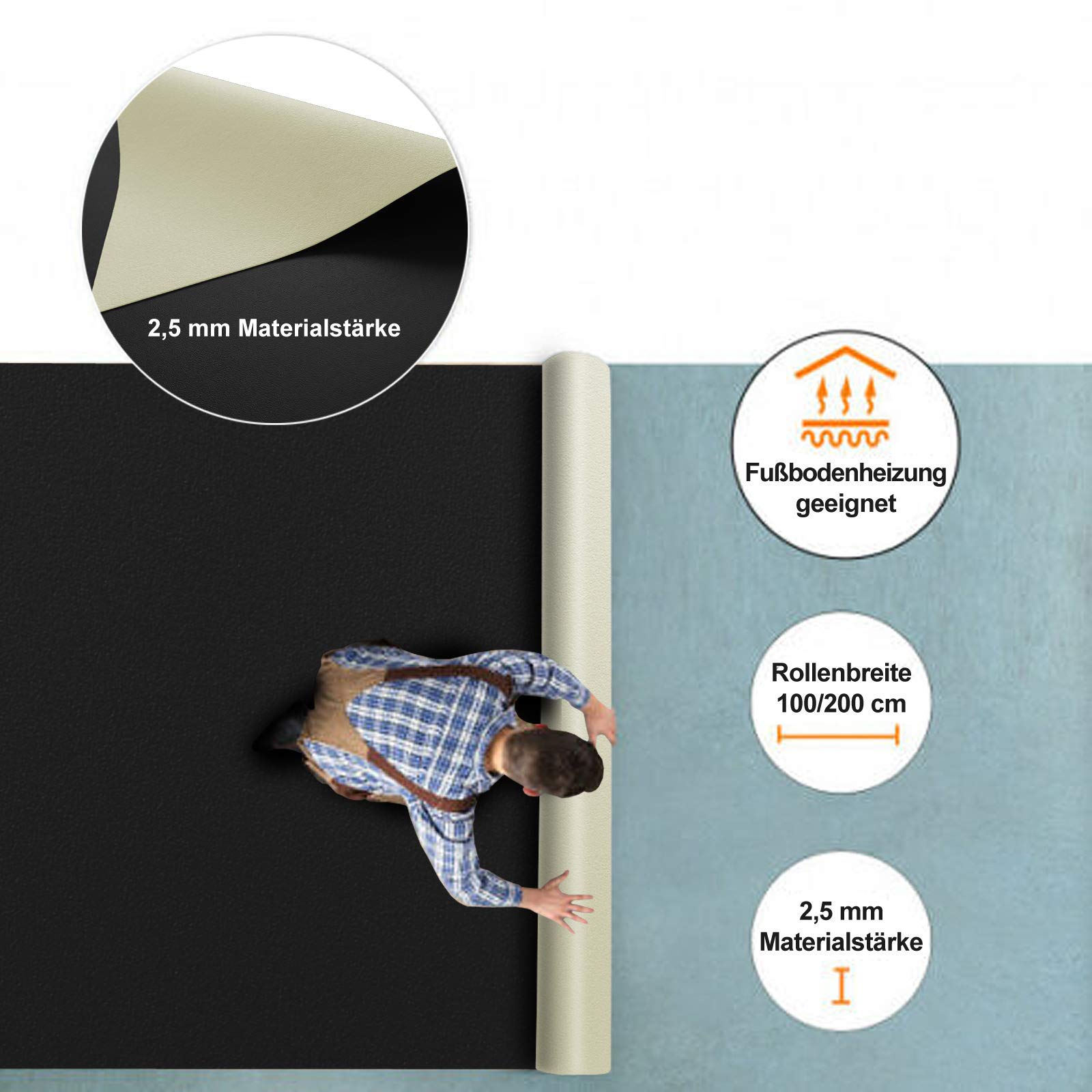 Floordirekt - Revêtement de sol en PVC sur mesure - Noir - 100 x 500 cm - Résistant et facile d'entretien - Design intemporel