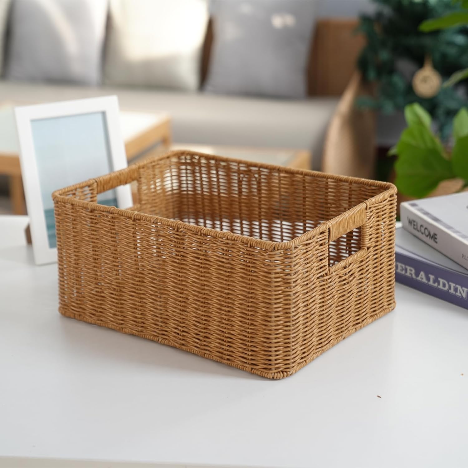 YRMT Rattan Storage Basket Pantry Basket with Built-in Handles Wicker Basket for Organizing Shelves Waterproof Woven Basket Nature (14"x10"x6.3")