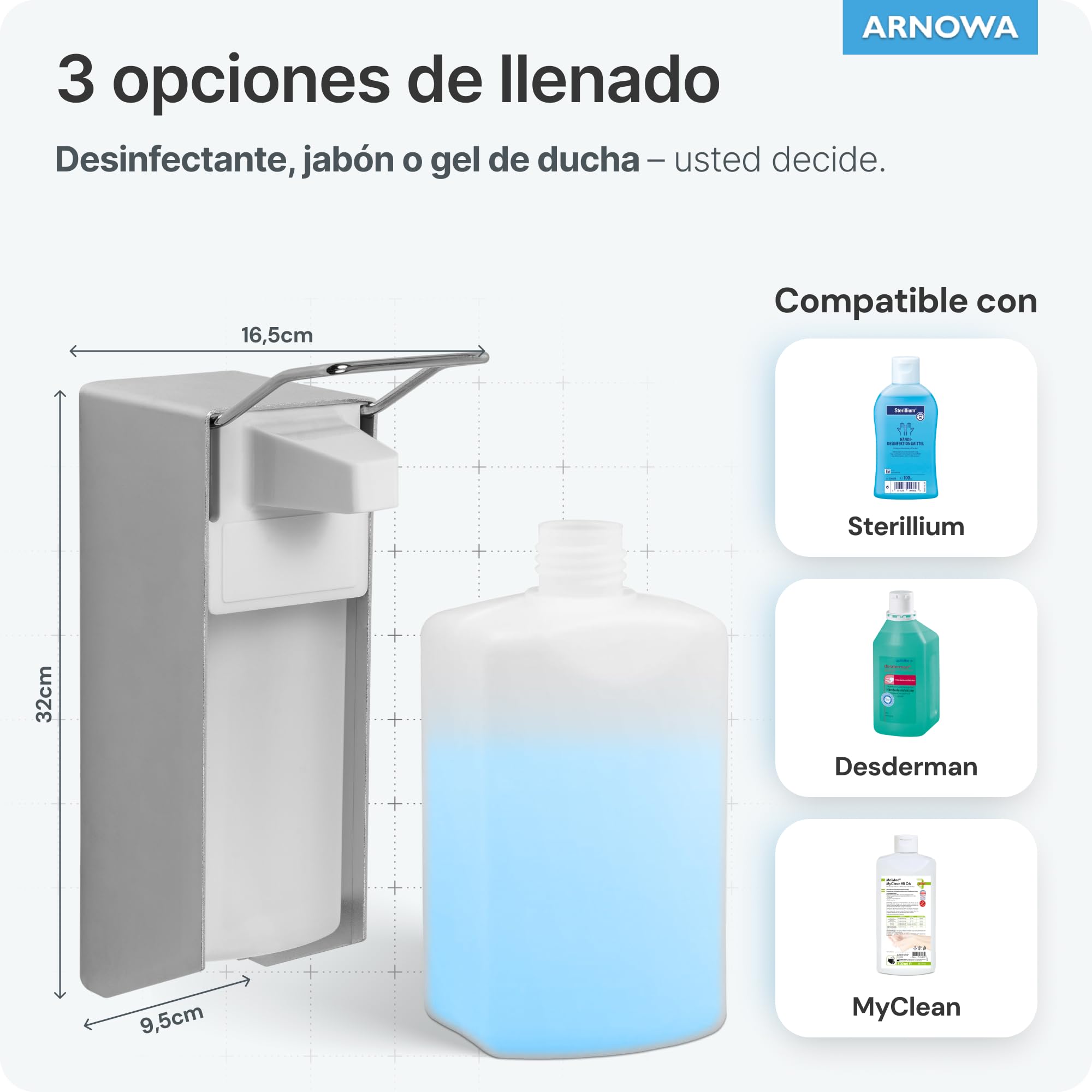 ARNOMED 4 dispensador jabon baño Pared de Aluminio para 1000 ml, dispensador jabon Pared de Palanca Corta, dispensador de jabon Pared, desinfectante Manos dispensador
