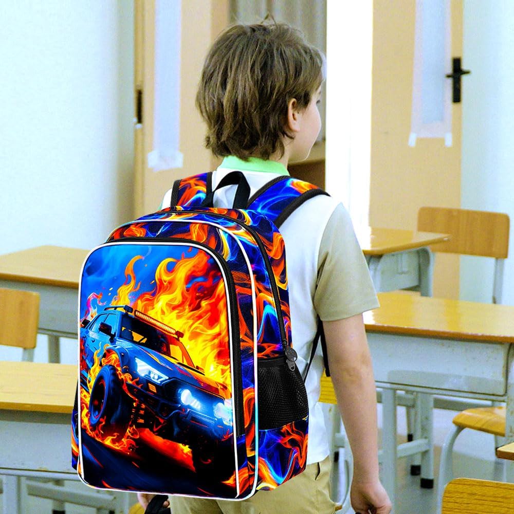 KLFVB 3PCS School Backpack Set, 17" Boys Truck Bookbag and Lunch Box, Water Resistant School Backpacks for Teenagers Middle Elementary - Flame Truck