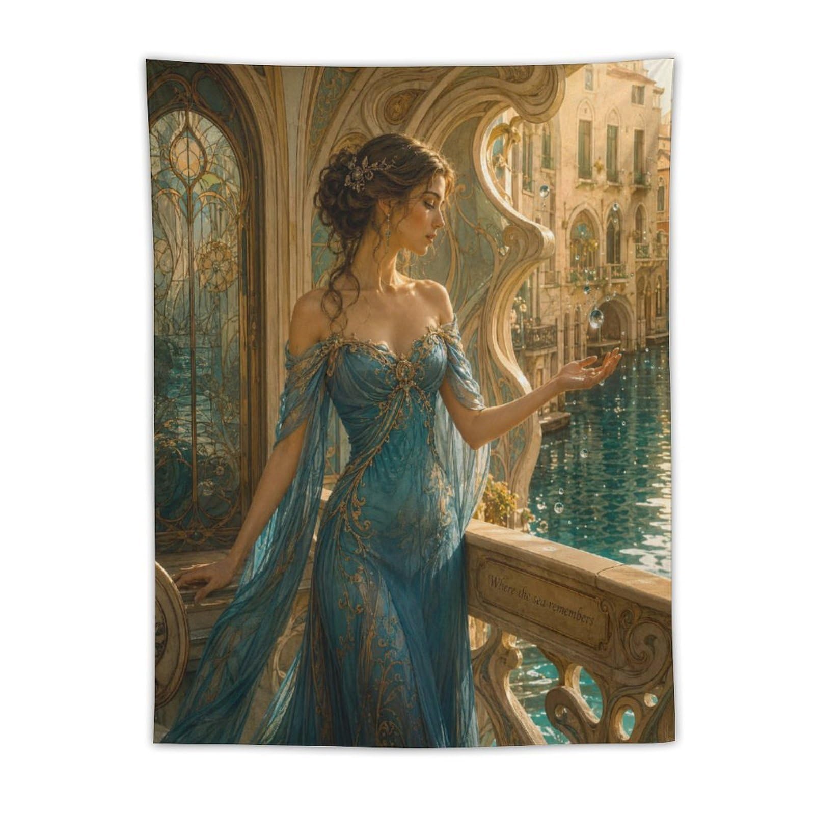 W7C8U2X3 Woman in Blue Dress Wall Tapestry, Oil Painting, Reading Corner