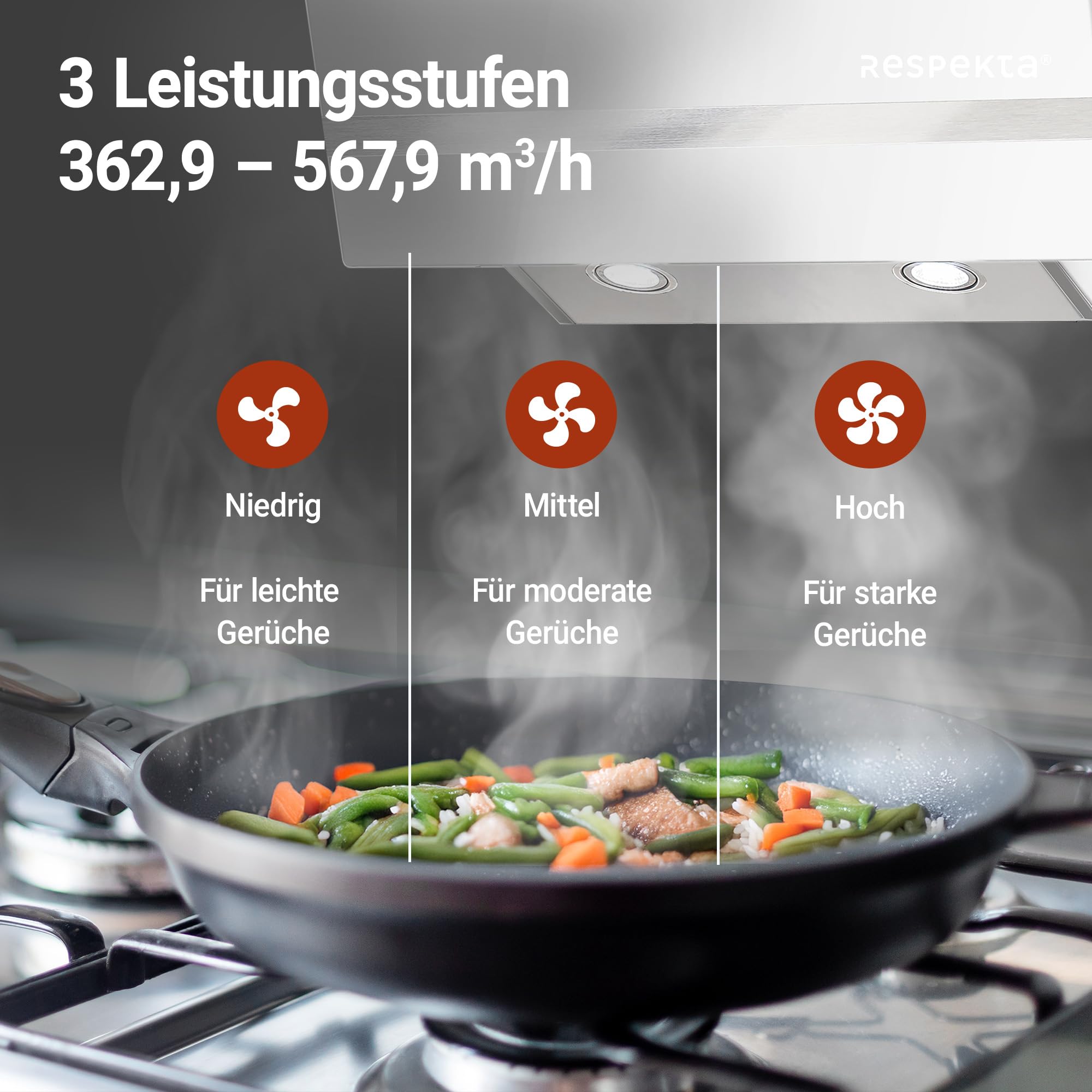 Respekta Dunstabzugshaube kopffrei/Haube schräg 60 cm/Metallgehäuse mit Glasschirm in Weiß/Abluft - und Umluftfunktion / CH24060WAM / A / 52 – 63 dB