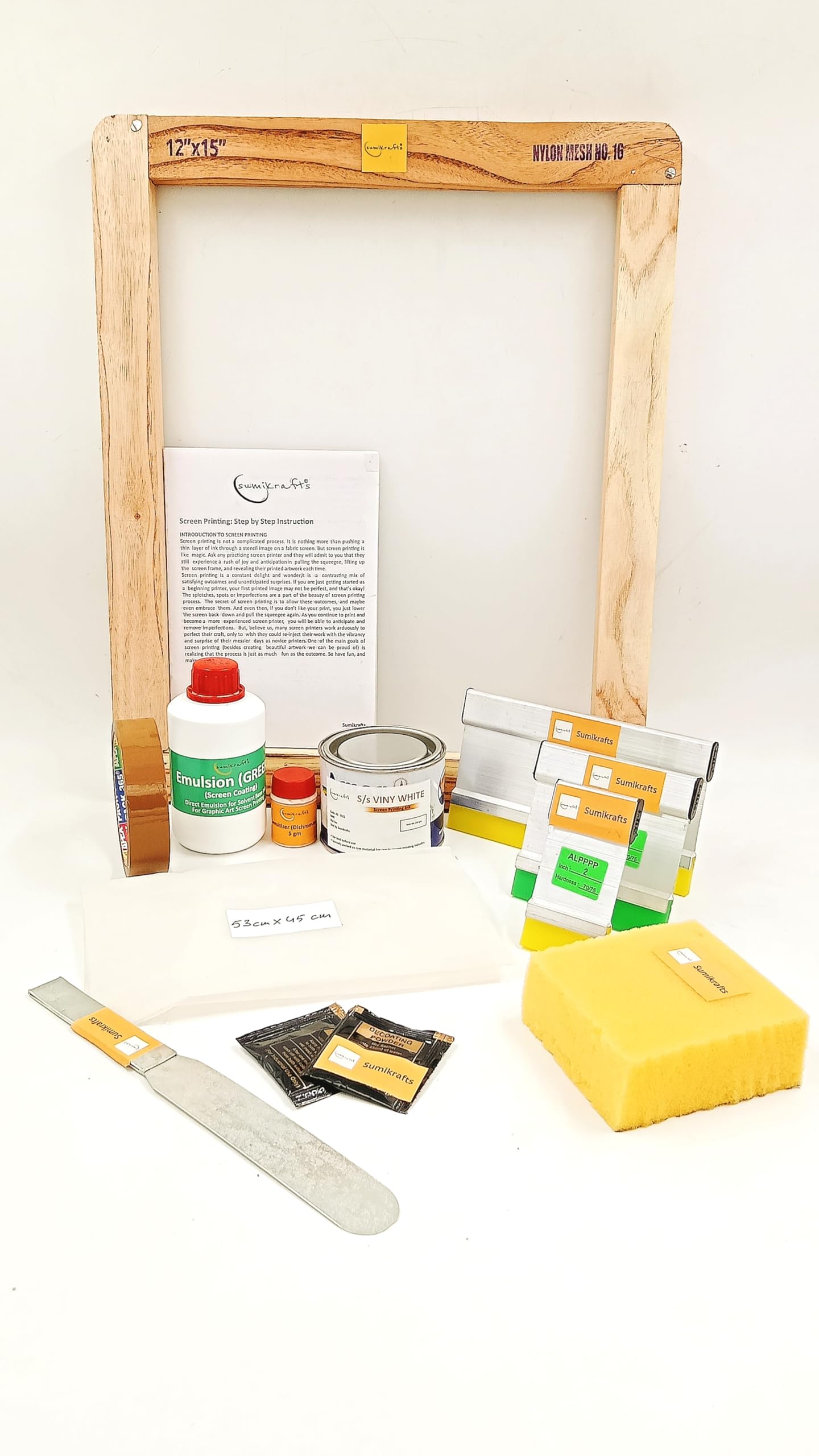 sumikrafts Screen Printing kit: vinysheewn White 250gm+Wooden Frame Large 12"x15" with pre Stretched mesh no 16 for Graphic Arts Screen Printing-image-27