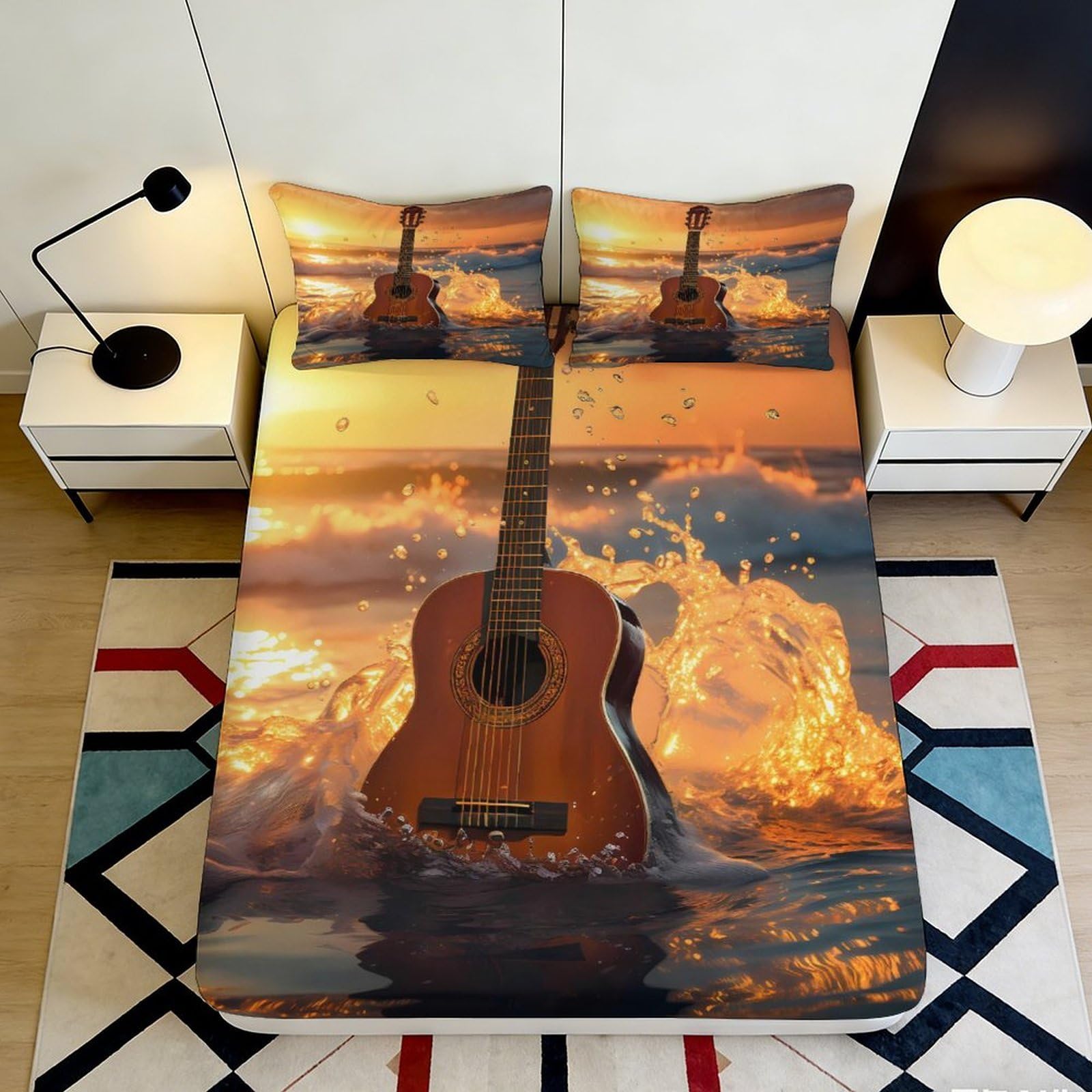 Pnayamiorkfel Style-5 3D Printed Sunset Guitar Fitted Sheet Microfiber Soft Water Splash Bed Cover For Bedroom Guest Room Decor 90X200x25cm