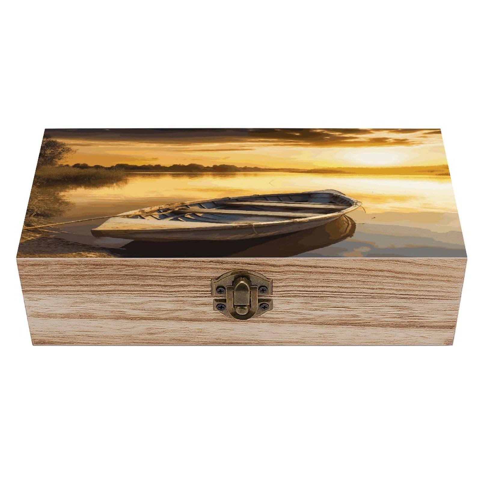 FekiLoot River Sunset Wooden Boat Wooden Jewelry Box Personalized Wood Keepsake Box Large Decorative Wooden Storage Boxes with Hinged Lid Rustic Style Wood Jewelry Organizer for Desk Home Office