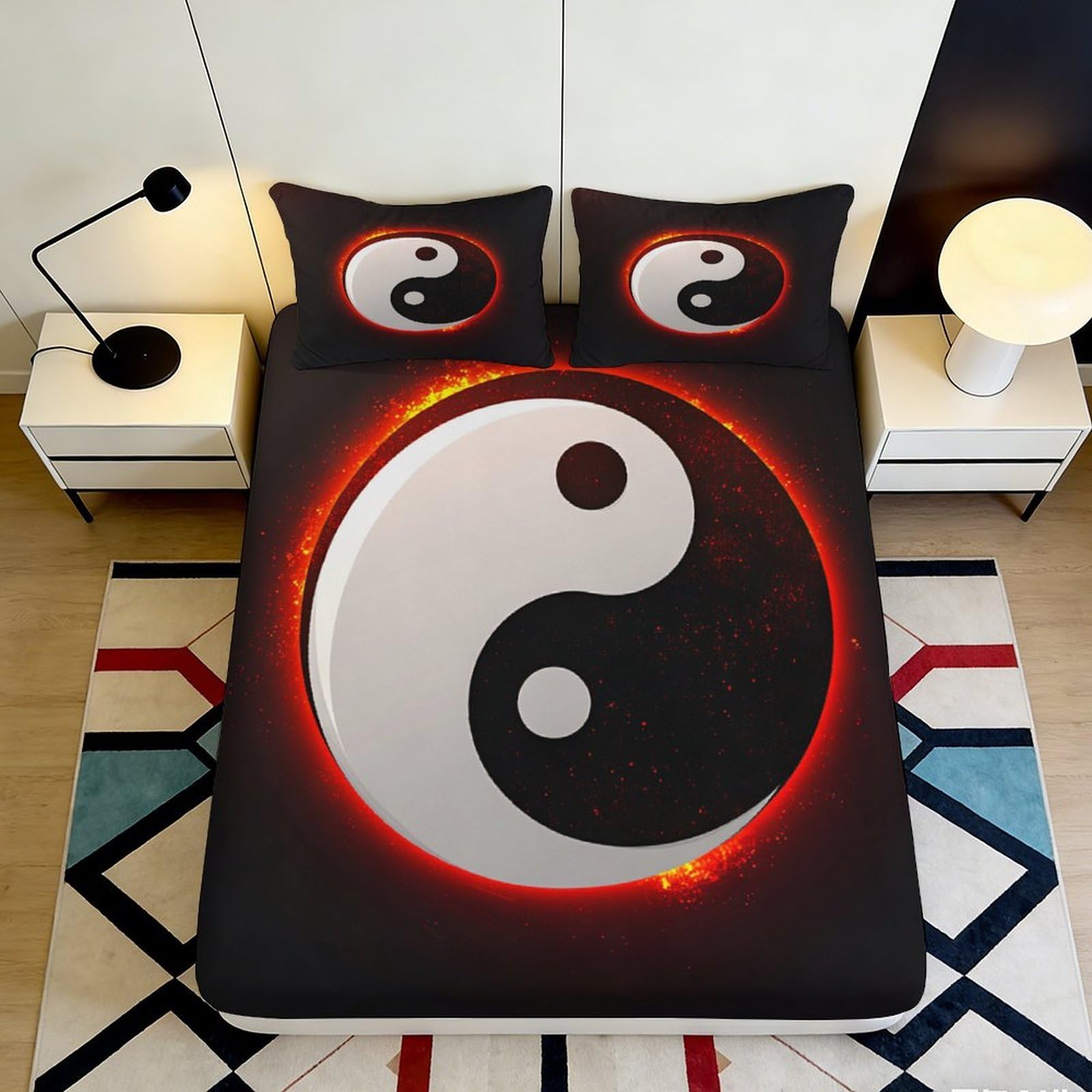 3D Printed Yin Yang Fitted Sheet Microfiber Soft Black Red Fire Bed Cover for Bedroom Dorm Mattress Protection Decor 160x200x25cm