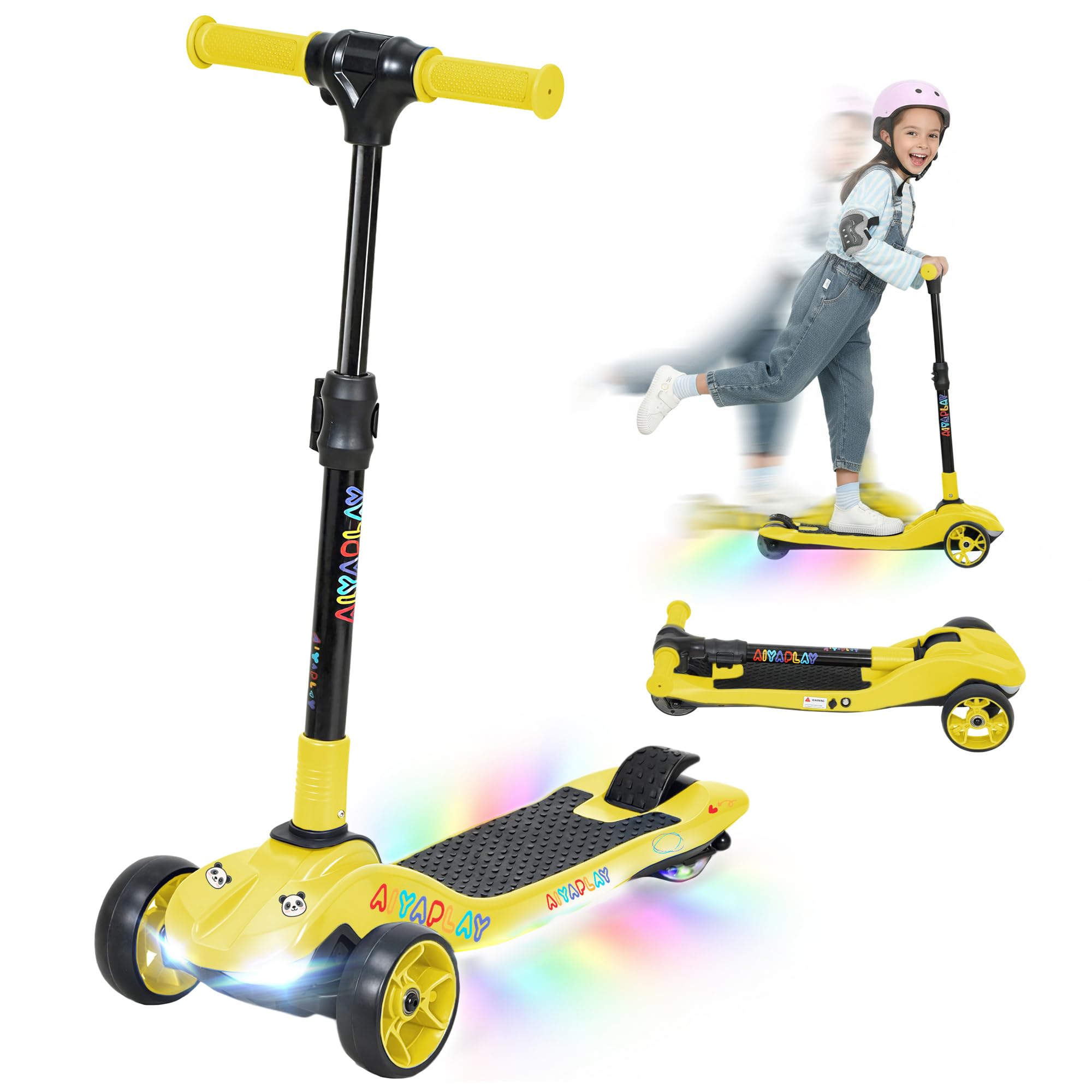 AIYAPLAY Electric Scooter for Kids, 3 Wheel Foldable Kids Scooter for Age 6-10 with 4 Levels Adjustable Height, LED Lights, Up to 6km/h, Maximum Range 8km, 4.8kg Lightweight for Boys and Girls, Yellow