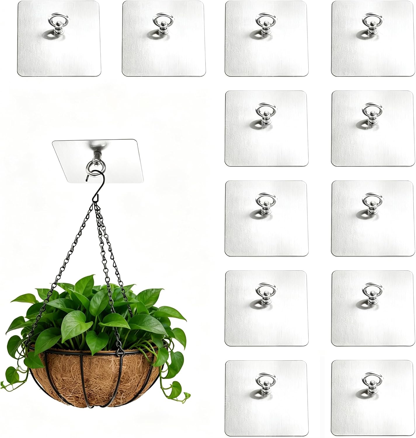 12 Pcs Stainless Steel Self Adhesive Ceiling Hooks with Eye Hooks（Square）