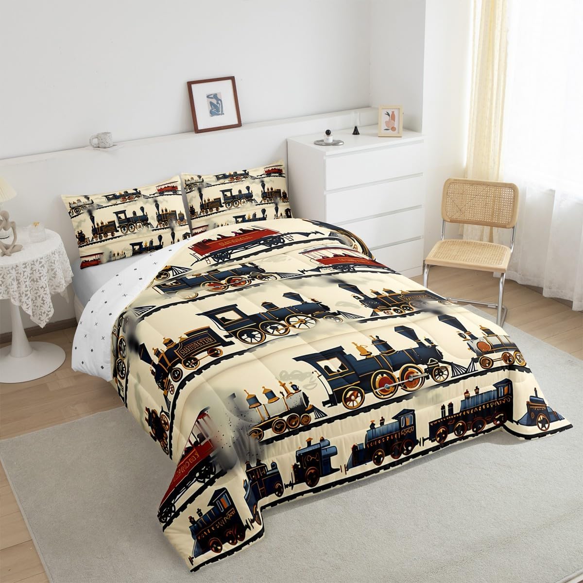 jejeloiu Cartoon Retro Train Comforter Set Toddler Kids Vintage Steam Engine Railway Transportation Bedding Set for Boys Girls Vehicle Locomotive Train Duvet Quilt Room Decor