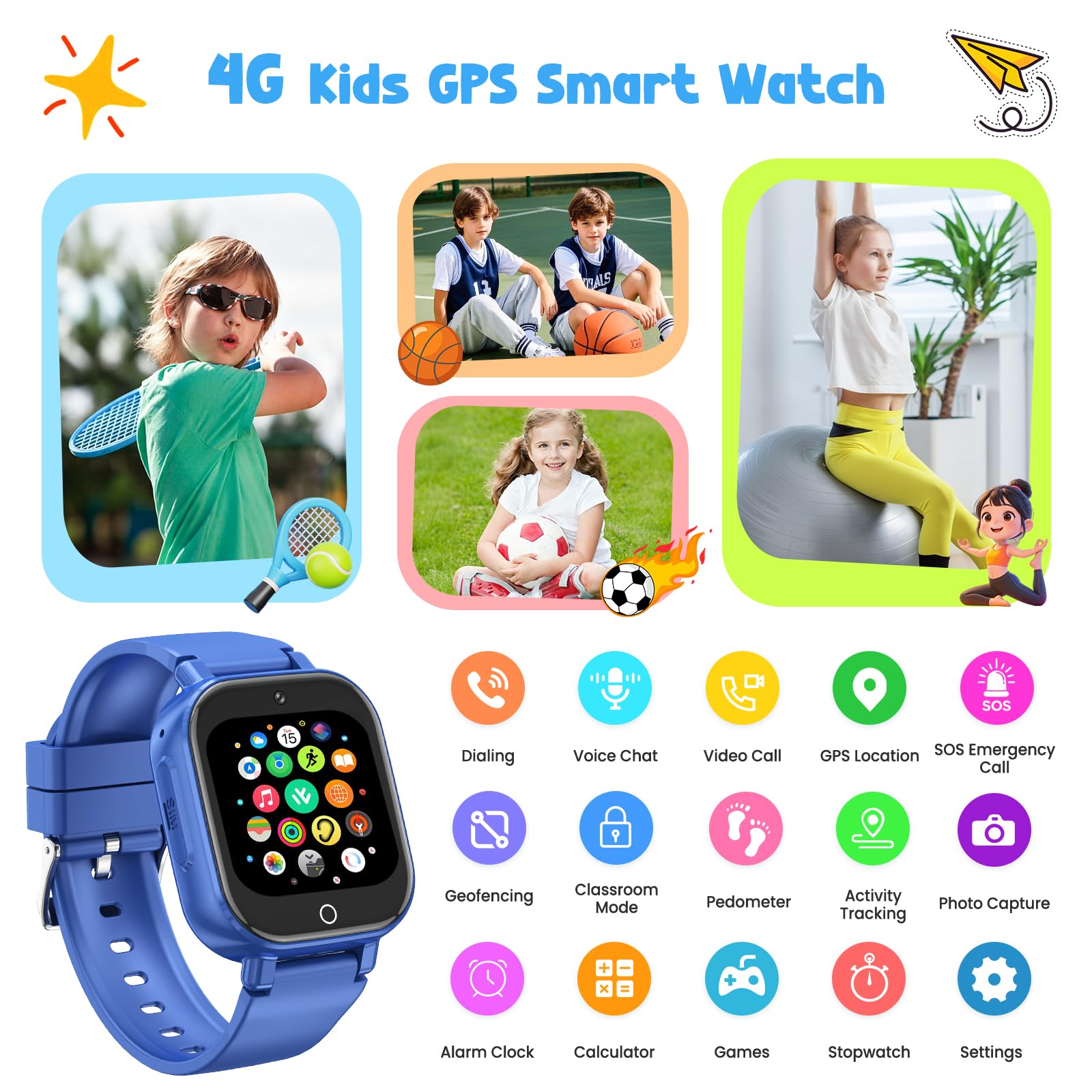 4G Montre Connectée Enfant, Smartwatch Téléphone pour Filles Garçons avec GPS Appel Vidéo SOS WiF Chat Vocal SMS Mode Classe Révei Podomètre Montre Intelligente Enfants Cadeau 4-12 ans，Bleu clair