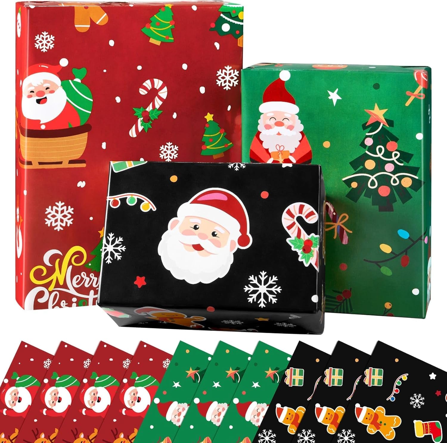 WERNNSAI Christmas Santa Wrapping Paper Set - 10 Sheets 27” x 20” Kids Funny Christmas Wrapping Paper for Christmas Party Celebration Decoration Red Green, Xmas Man Xmas Tree Holiday Gift Wrap Santa Claus