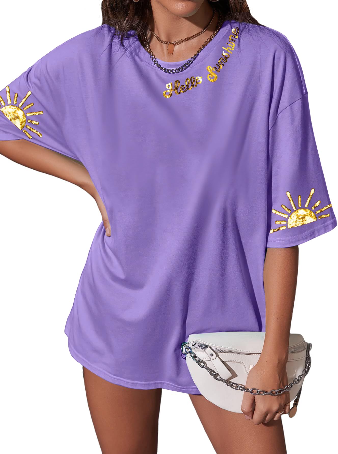 MNLYBABY Hello Sunshine Shirt Women Summer Sequin Oversized Tshirt Glitter Sunshine Vacation Tee Tops