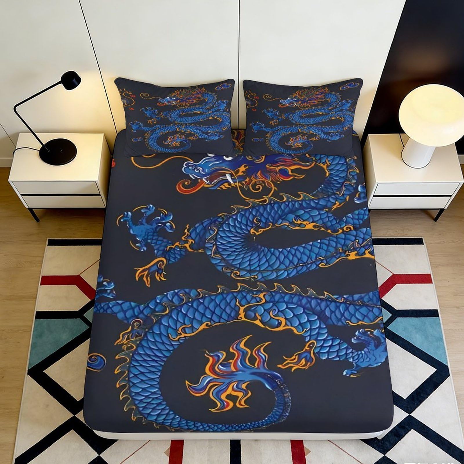 3D Printed Blue Dragon Fitted Sheet Microfiber Soft Mattress Cover Oriental Art Pattern for Bedroom Guestroom Easy Care 90x200x25cm