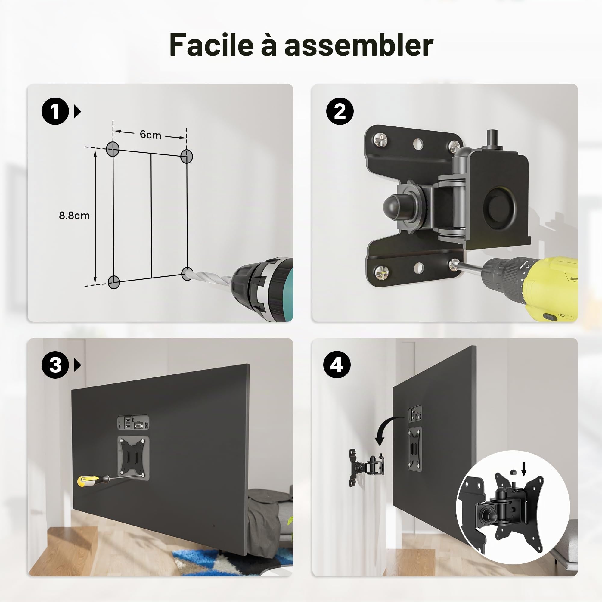 BONTEC Support TV Mural Inclinable et Orientable, Fixation Universelle pour Télévision et Moniteur Plat/Incurvé 13-30 Pouces, VESA 75x75/100x100mm, Charge Max 25kg, Rotation 360°