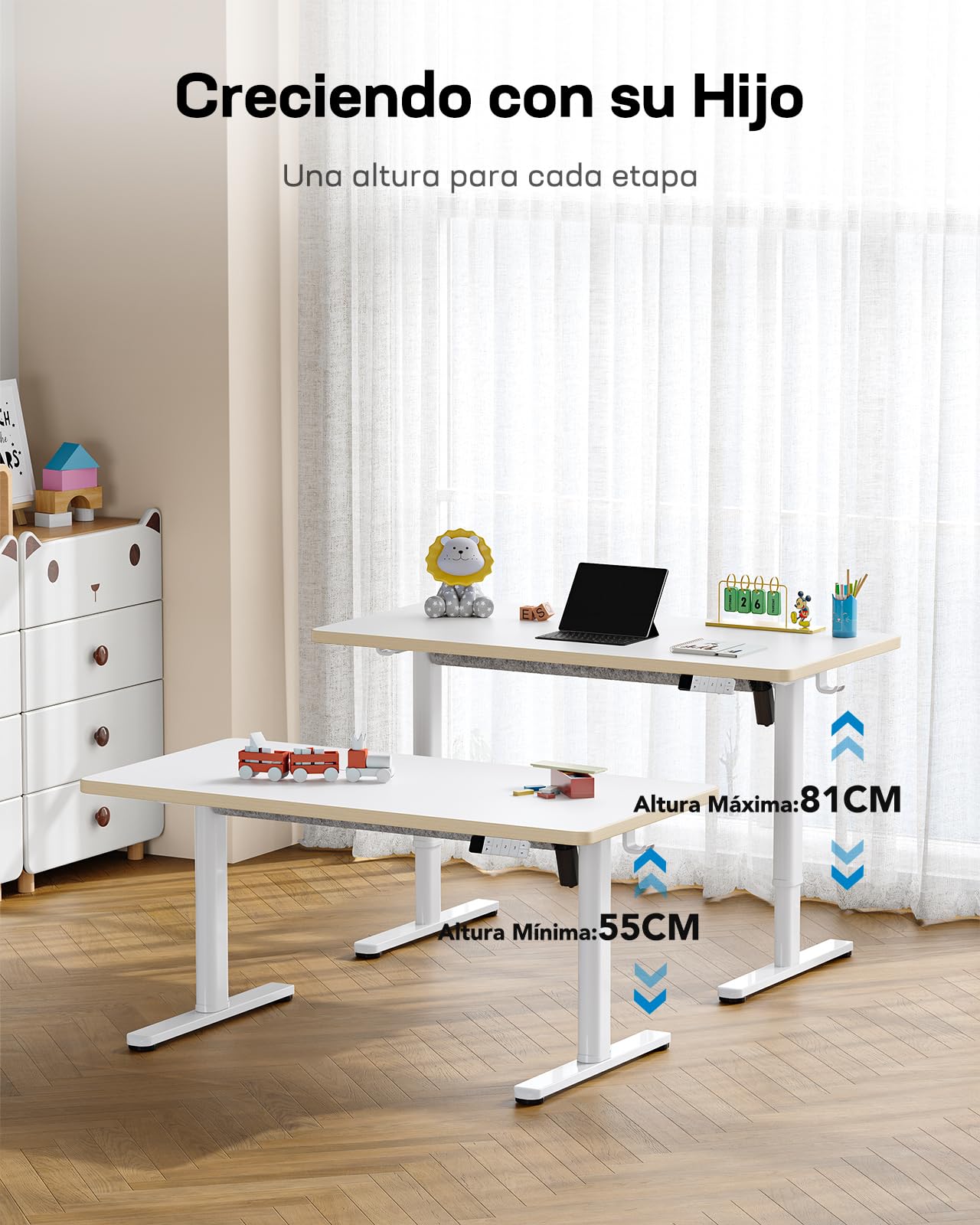 HUANUO Escritorio Infantil ELevable Eléctrico con Superficie Mate de 120 cm x 60 cm, Controlador Manual con Pantalla LED, 3 Alturas Preestablecidas y Bloqueo Infantil.