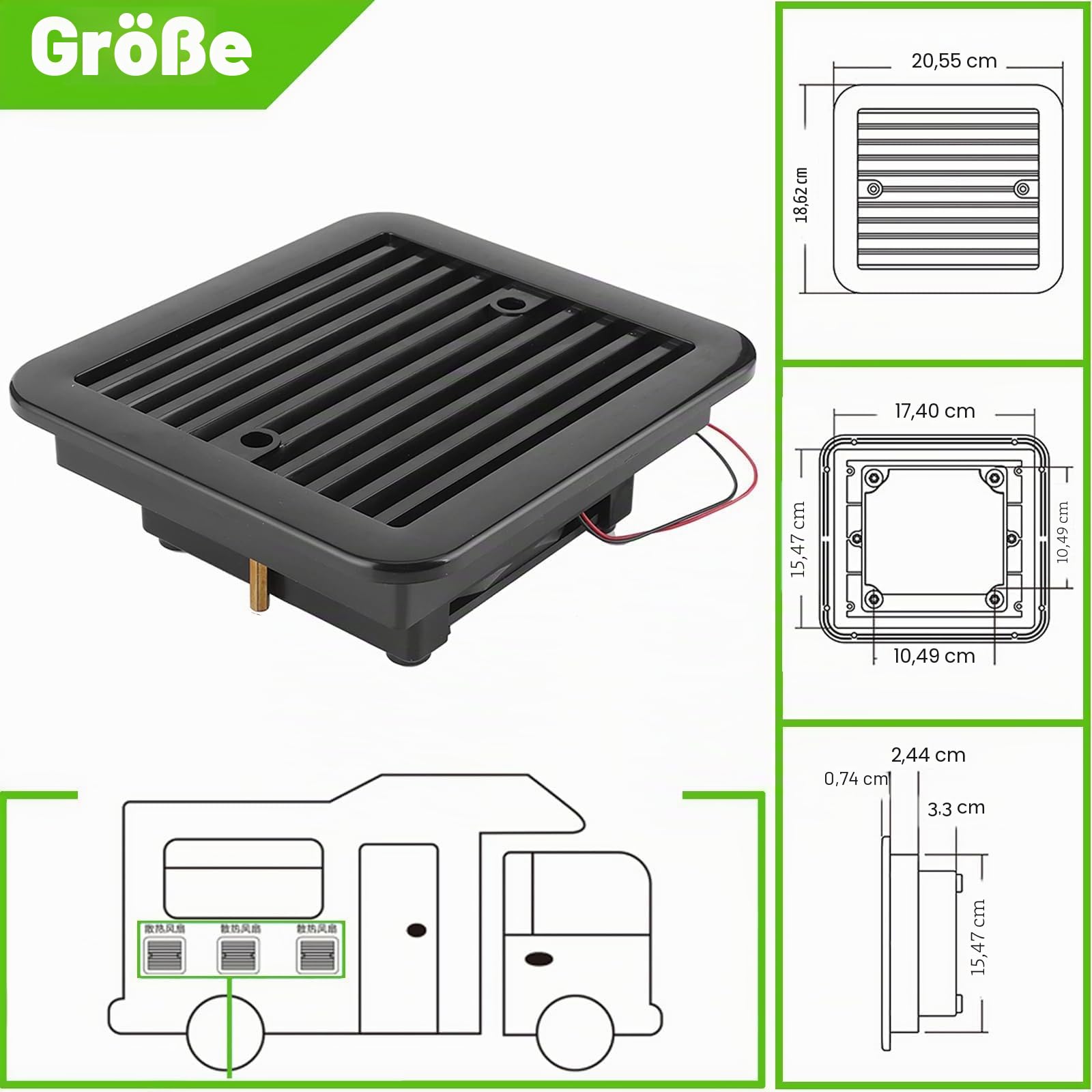 AUTOXBERT Lüftungsventilator für Wohnwagen, 2,4W 12V Lüftungsventilator geräuscharmes Lüftungsgebläse für Wohnwagen, Wohnmobile, Camper, Schwarz