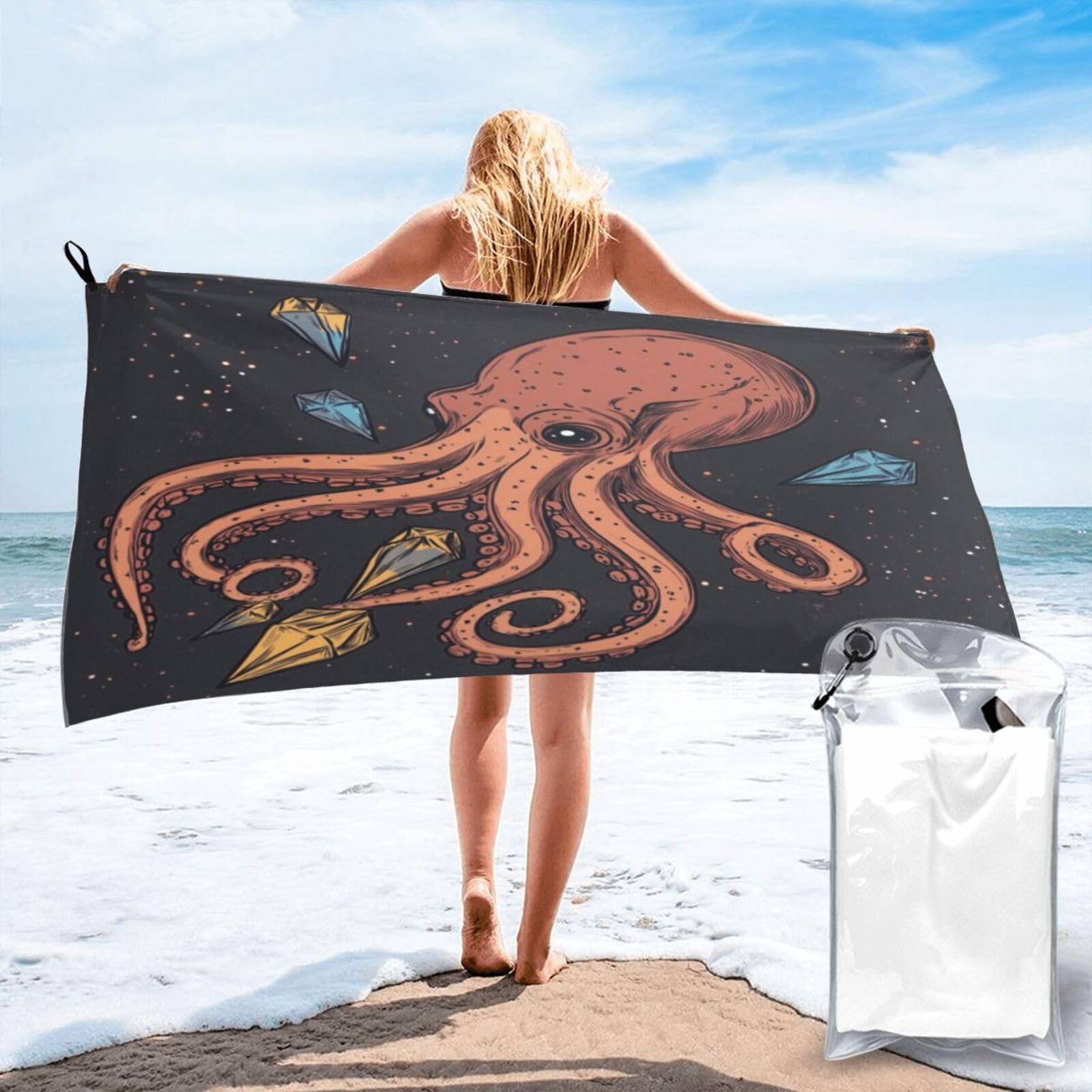 Anceky Digital Illustration of Octopus with Crystals Quick Dry Microfiber Travel Towel with Carry Case and Carabiner 27.5"X55"