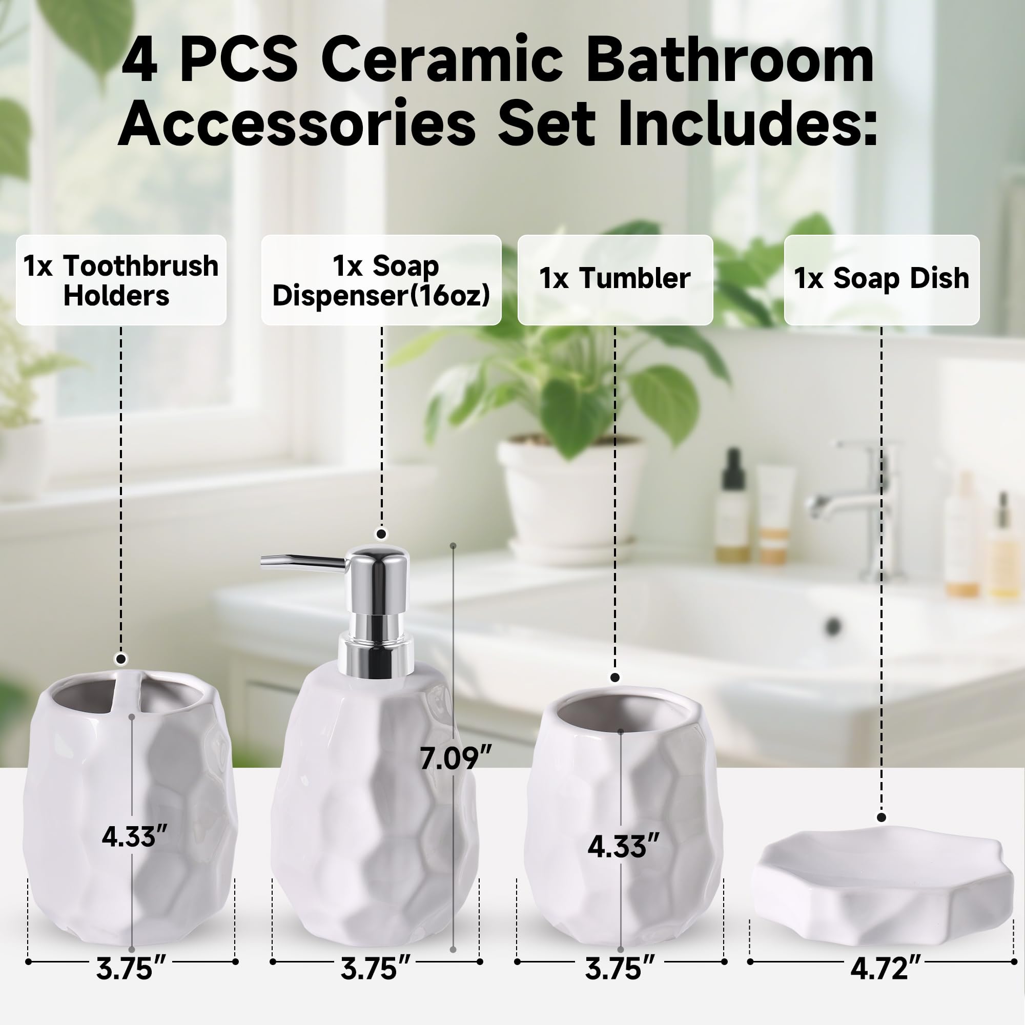 Juego de 4 accesorios de baño de cerámica, juego completo de baño grueso, incluye soporte para cepillo de dientes, dispensador de jabón, bandeja de tocador, vaso, organizador de baño con jabonera 2