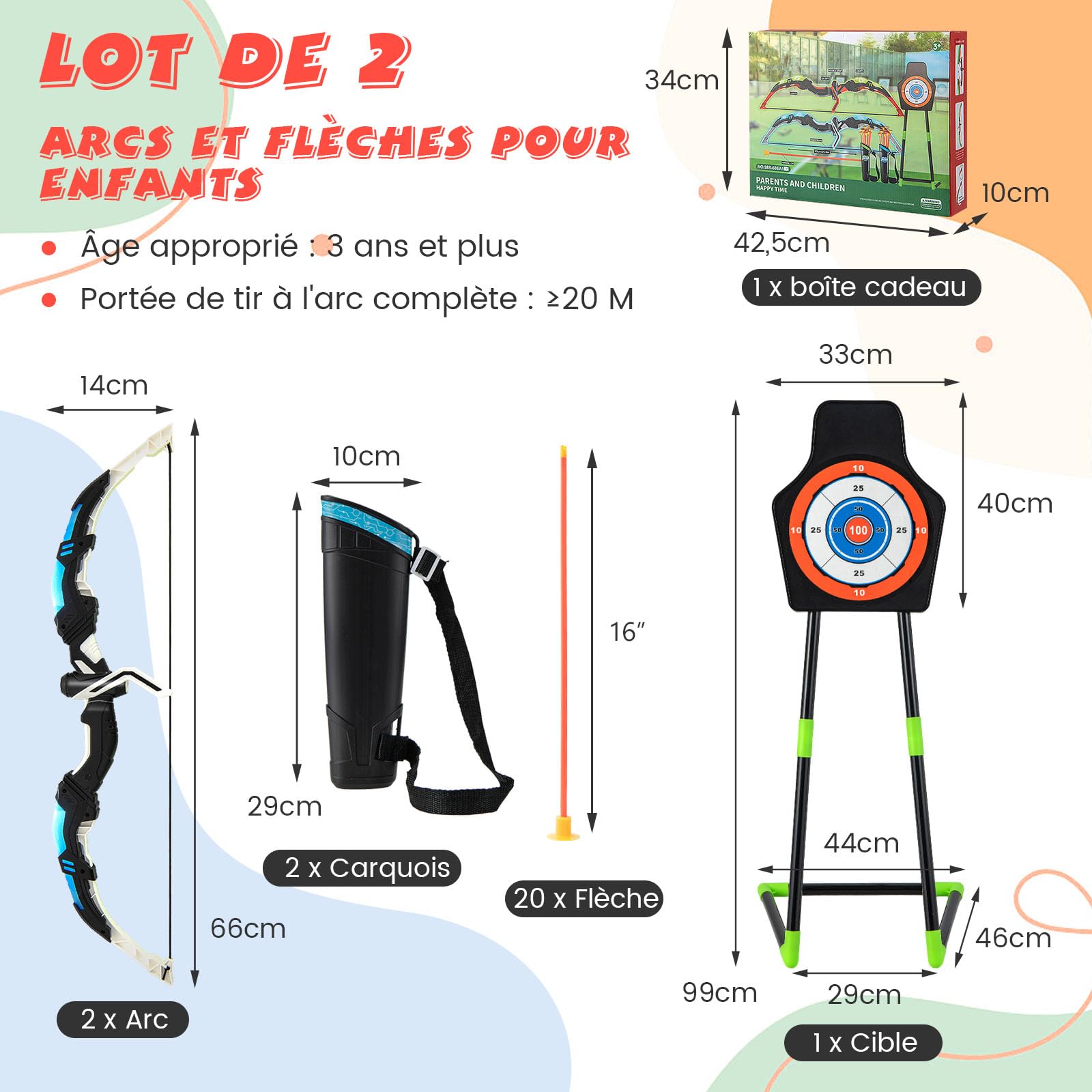 GOPLUS Arcs et Flèches Enfants, Ensemble Tir à l'arc à LED avec 20 Flèches à Ventouse, 2 Carquois, Cible détachable, Jeu de Tir Intérieur Extérieur pour Garçons et Filles 3 à 12 Ans