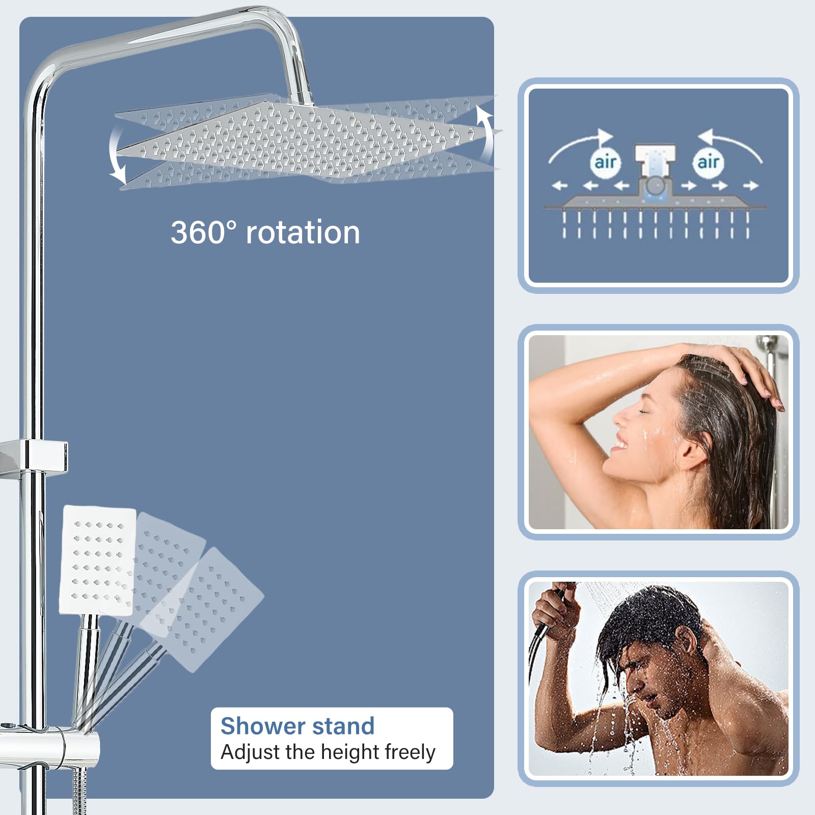 Juego de mezclador termostático de ducha de acero inoxidable y con cabezal de ducha ajustable de 8 pulgadas, doble cabezal, grifo mezclador de baño con ducha, cromado