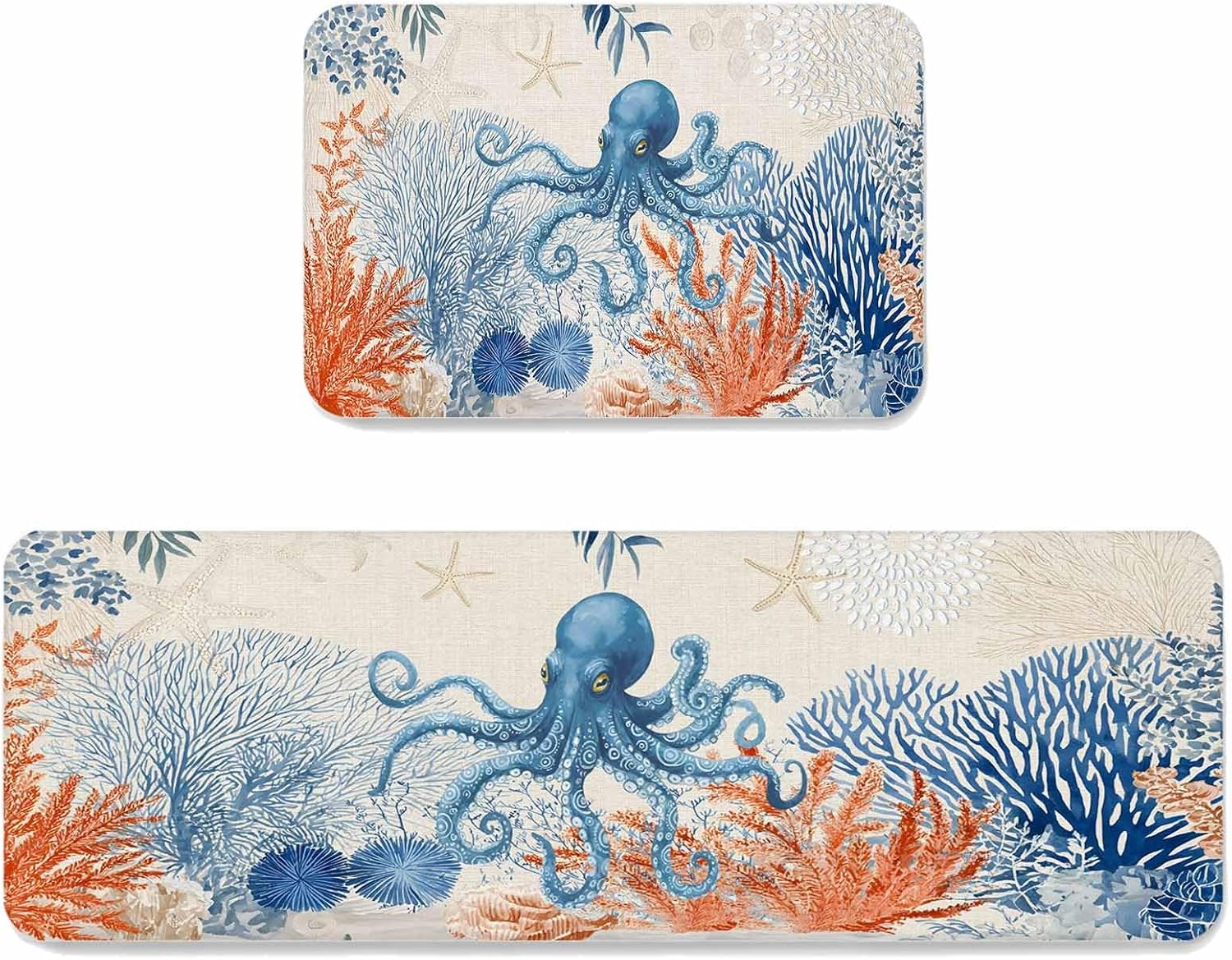 Ocean Octopus Kitchen Mats Set of 2 Summer Orange Blue Sea Animal Corals Retro Linen Non Slip Mat Washable Floor Rug for Kitchen Sink Floor Laundry, 19.7"x31.5"+19.7"x47.2"