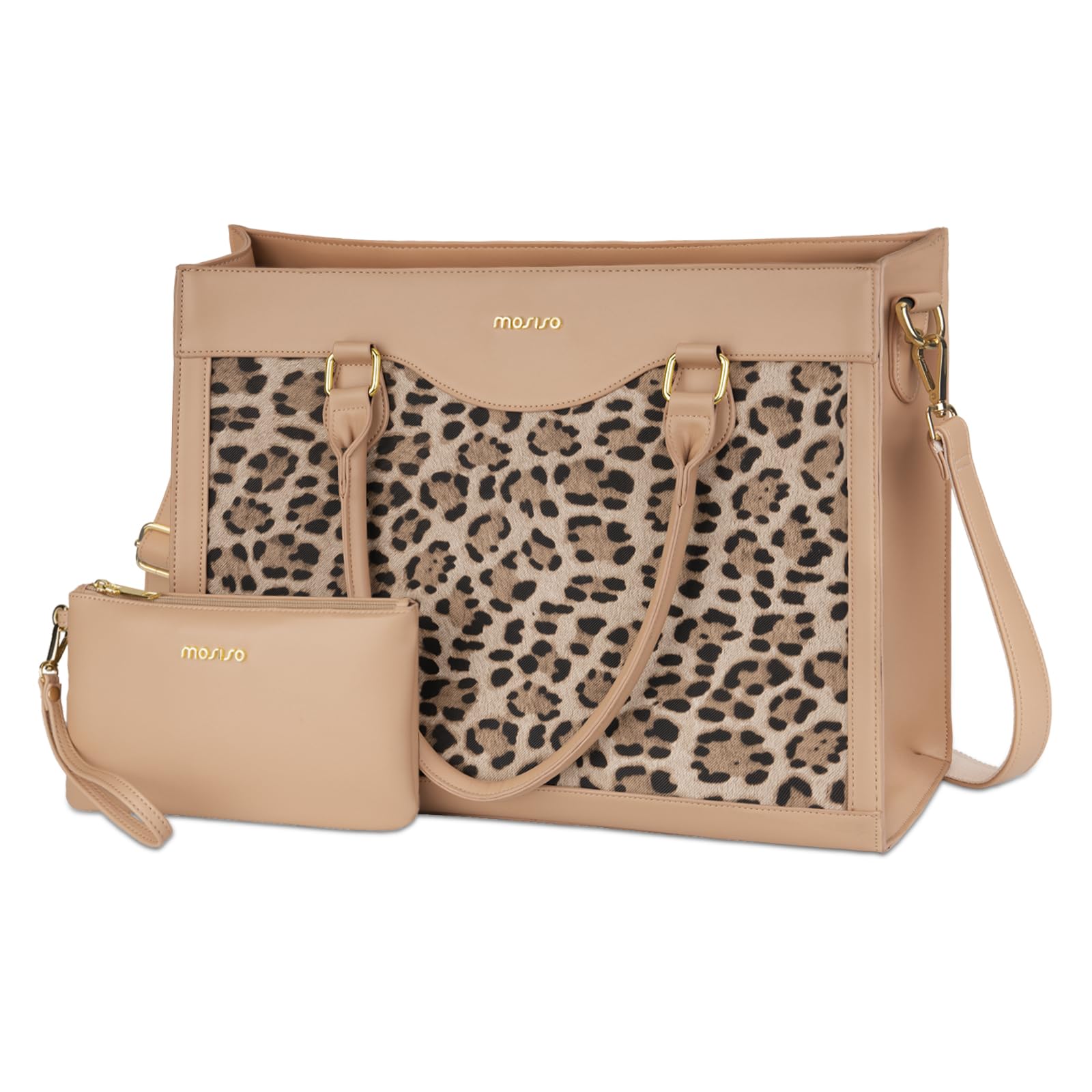 MOSISO Laptop Tote Bag with Large Capacity, 15.6 inch PU Leather Leopard Grain Laptop Bag for Women & Clutch Purse, Waterproof Computer Bags Work Briefcase for Business Office, Apricot