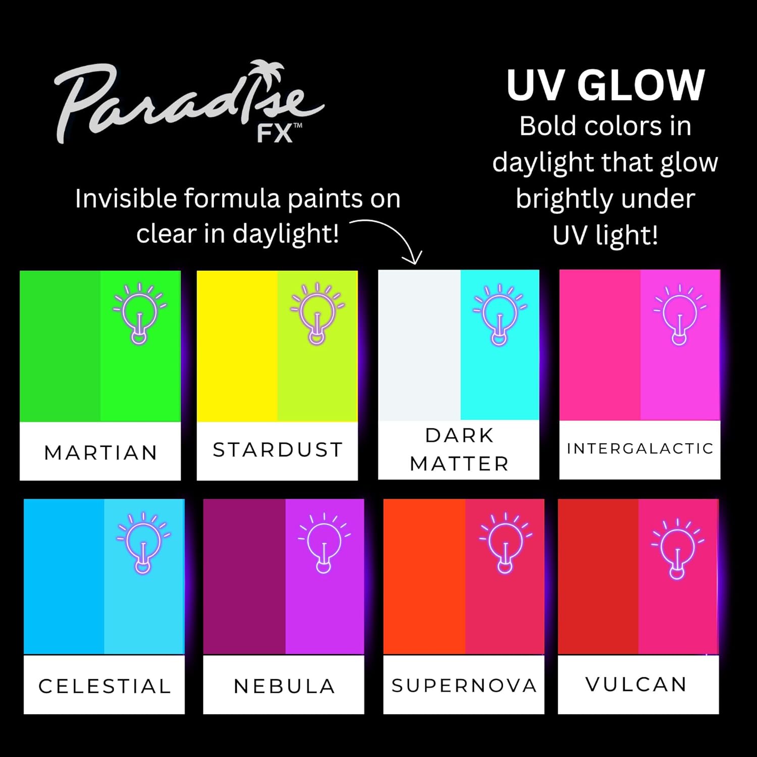 Mehron Paradise FX UV Neon Glow – Dark Matter – Neon Clear/Blue UV 0.25 oz | Pro Water-Activated Shimmer Paint for Raves, Costumes, SFX, Halloween, Stage, Screen, Theater & Cosplay - Image 5